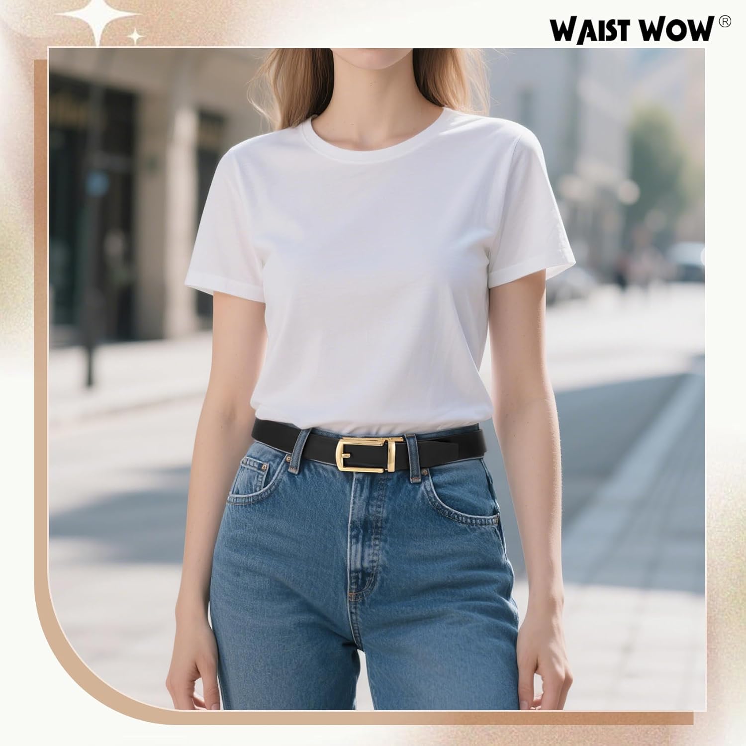 Women Leather Ratchet Belt for Jeans Pants with Automatic Gold Buckle Trendy Adjustable Ladies Dress Waist Belt Width 1.2" - Image 5