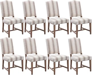 EALSON Upholstered Dining Chairs Set of 8 Farmhouse Dining Room Chairs with Wood Legs and Nailhead Trim Mid Century Modern Kitchen Chairs with High Back Padded Parson Chairs, Linen Brown Stripe