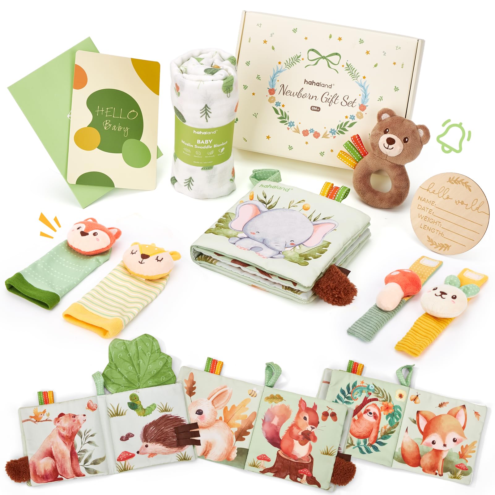 hahaland Regalo Nascita Bimba Bimbo - 9 in 1 Set Neonato Regalo Nascita con Libri Stoffa & Polso e Calzini Sonaglio Sensoriali & Mussole Neonato - kit Neonato per Baby Shower Unisex