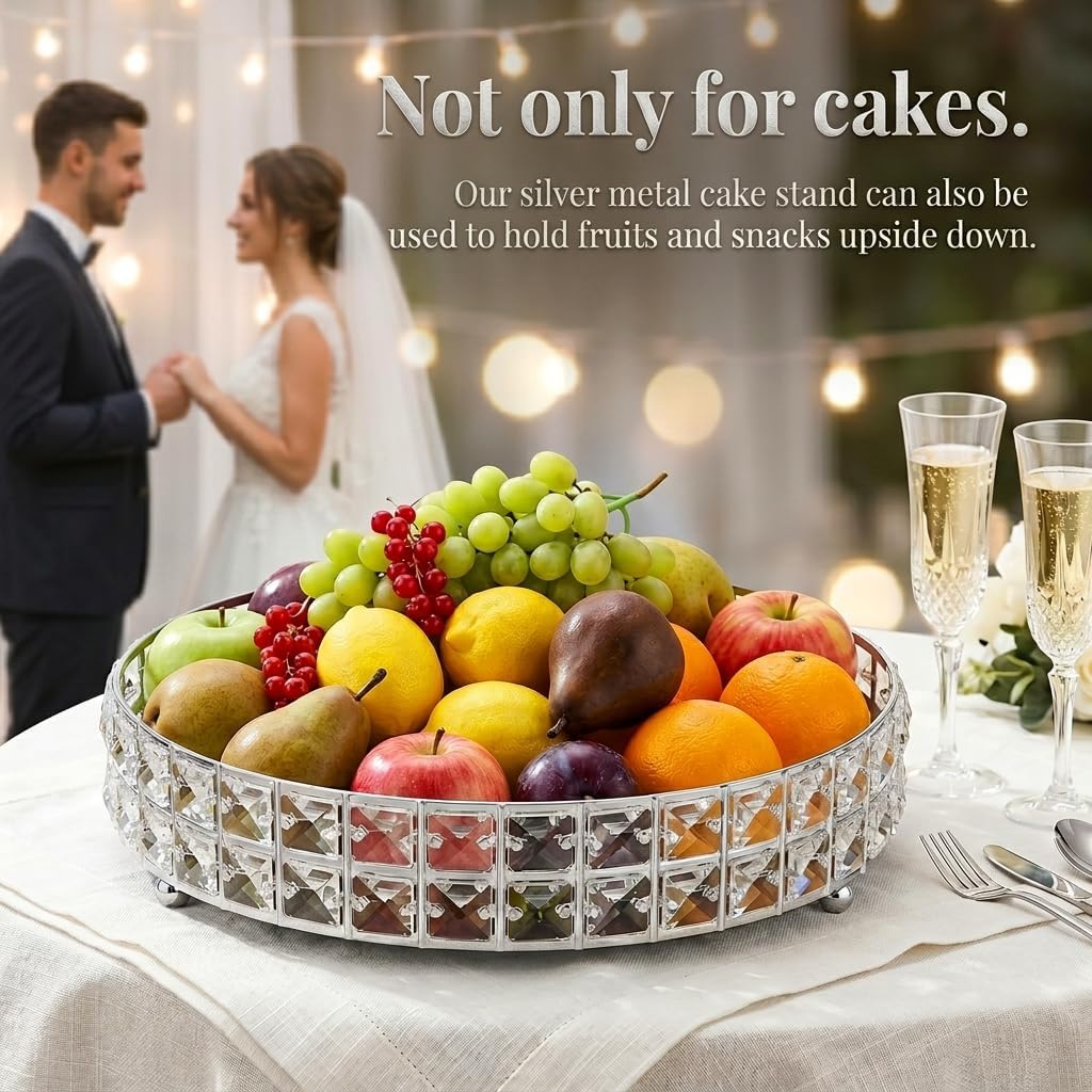 Goaste 2 Pack Silver Crystal Cake Stand Set with Mirror Top, 10" & 12" Round Metal Dessert Pedestal with Shining Crystal Edge, Elegant Cupcake Serving Tray Centerpiece for Wedding, Birthday Party