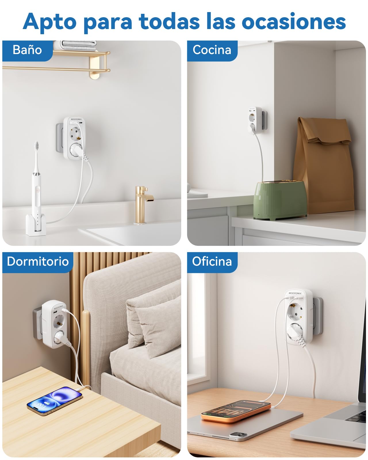 Ladrón Enchufes 4 en 1 con USB-A y USB-C, Enchufe Doble para Pared, Compacto para Familia, Cocina y Oficina, Blanco, 4000W/16A — view 6