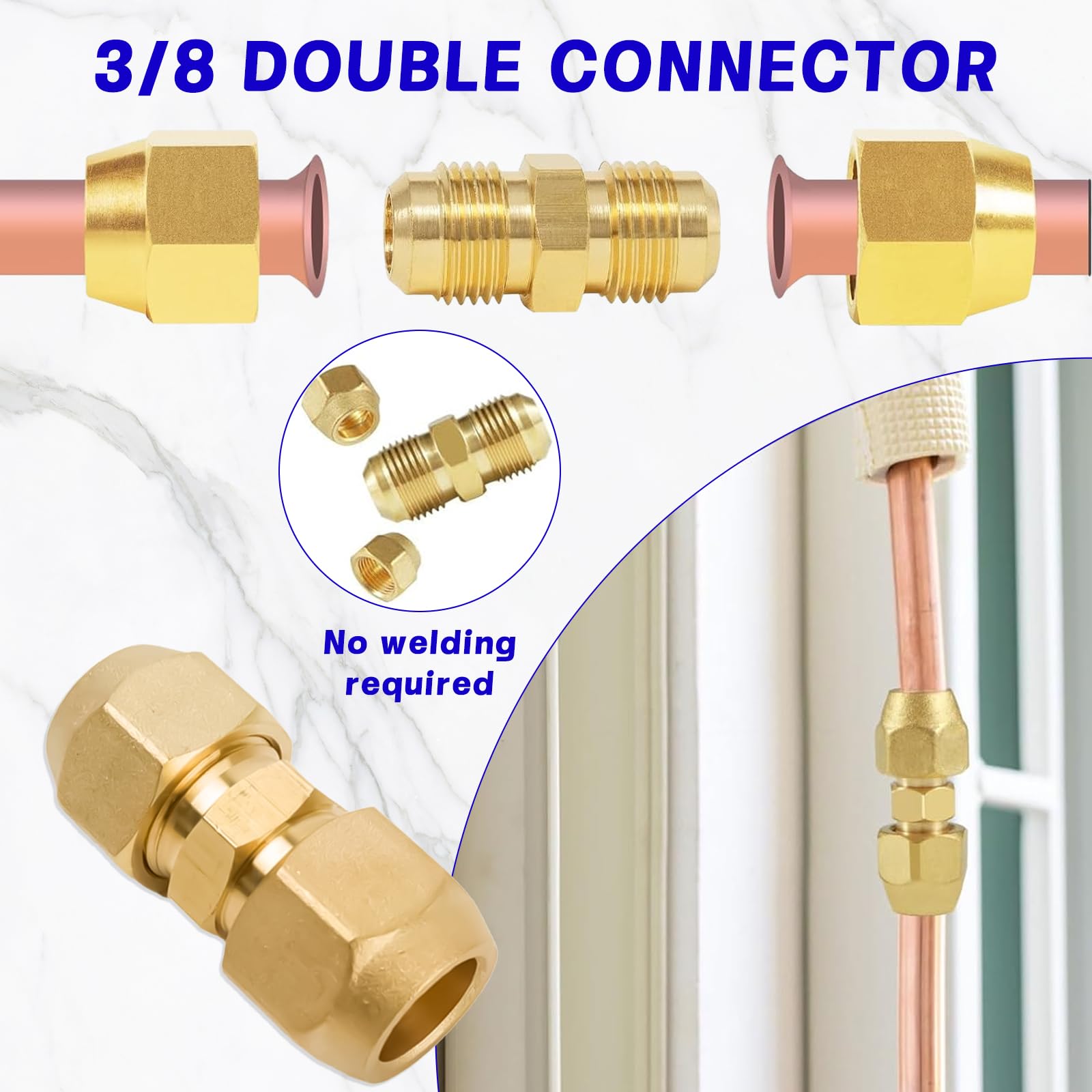 Raccord Double Laiton 3/8" (9,52 Mm) Pour Tuyaux Cuivre Climatisation - Lot De 2 - Sans Soudure, étanche - Pour Split, Réfrigération