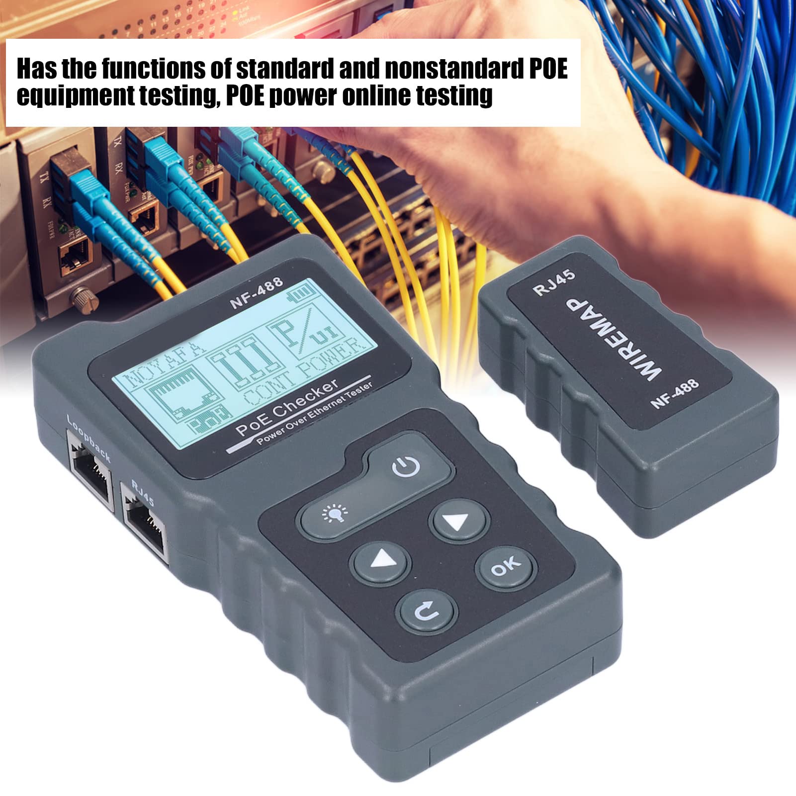 Yosoo Health Gear Probador POE LCD Ethernet Detector POE ABS NF488 con Pantalla Retroiluminada de 128 X 64 5 a 60 V y Prueba de Cables para Técnicos de Red Instaladores de Cámaras de Seguridad