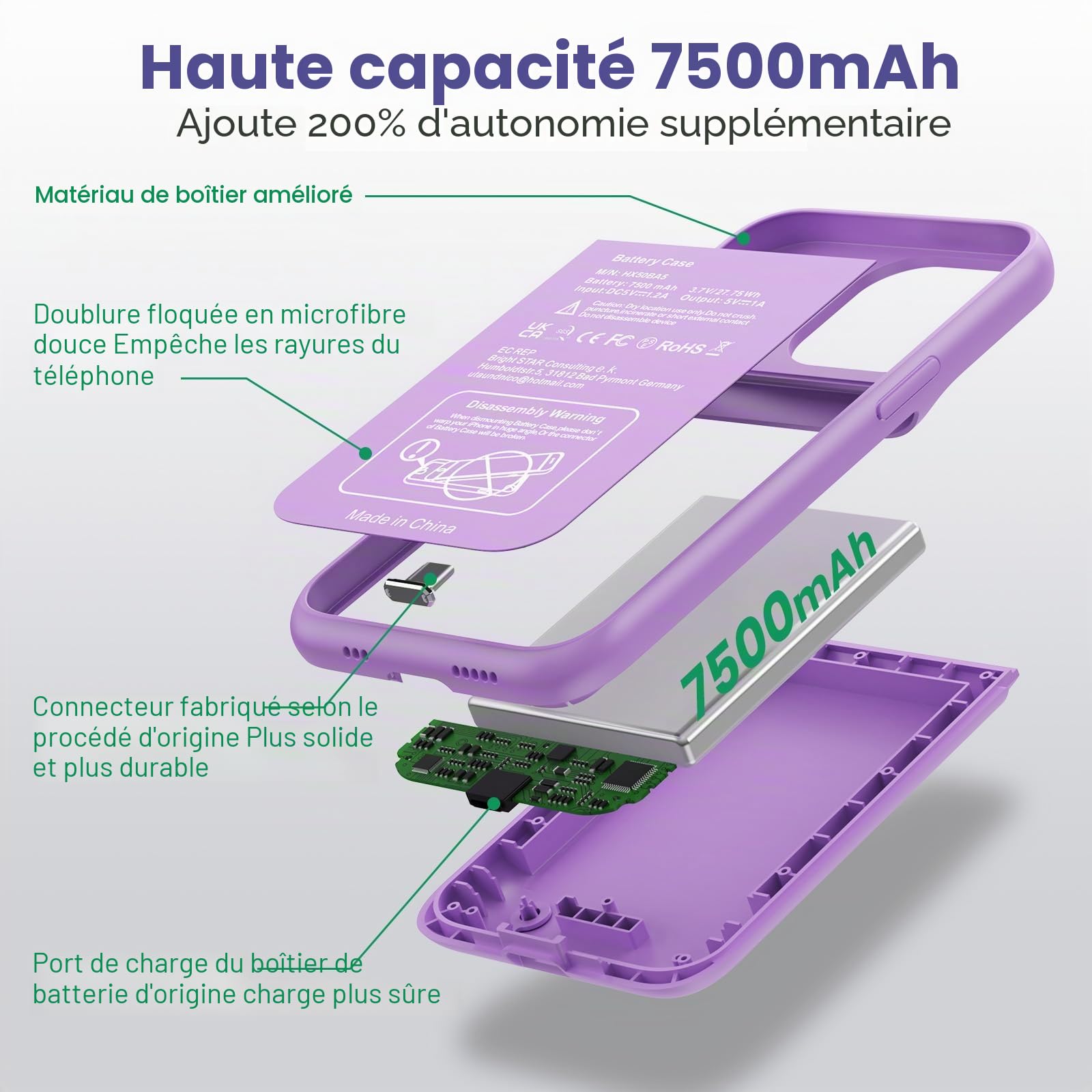 Feob Coque Batterie pour iPhone 15 Pro【Charge Rapide 15W & Puissant 7500mAh】 Coque Rechargeable Batterie Externe Chargeur Portable Coques d'alimentation pour iPhone 15 Pro (6,1 Pouces) - Violet