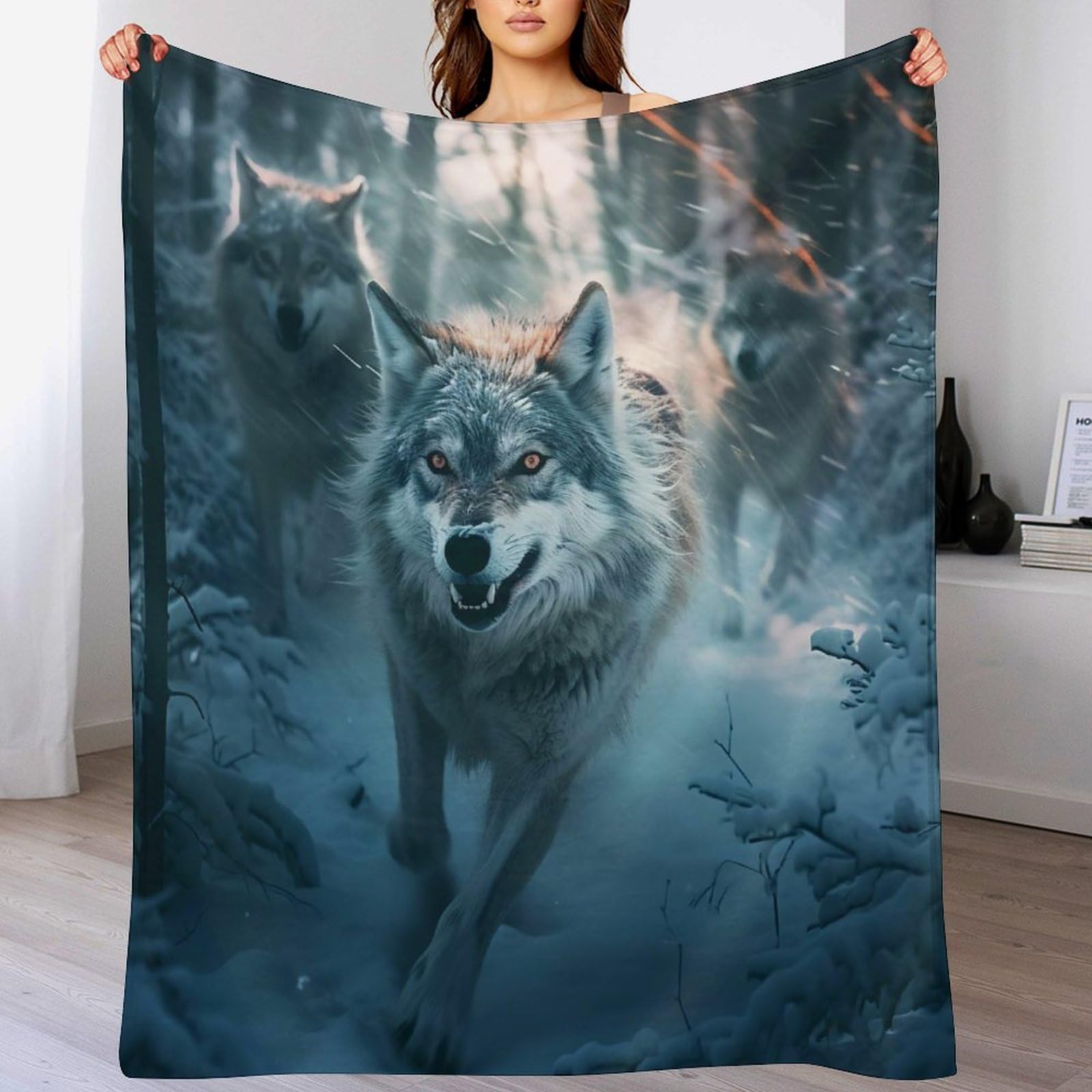 Couverture polaire loup en flanelle 130x150 cm pour canapé et lit