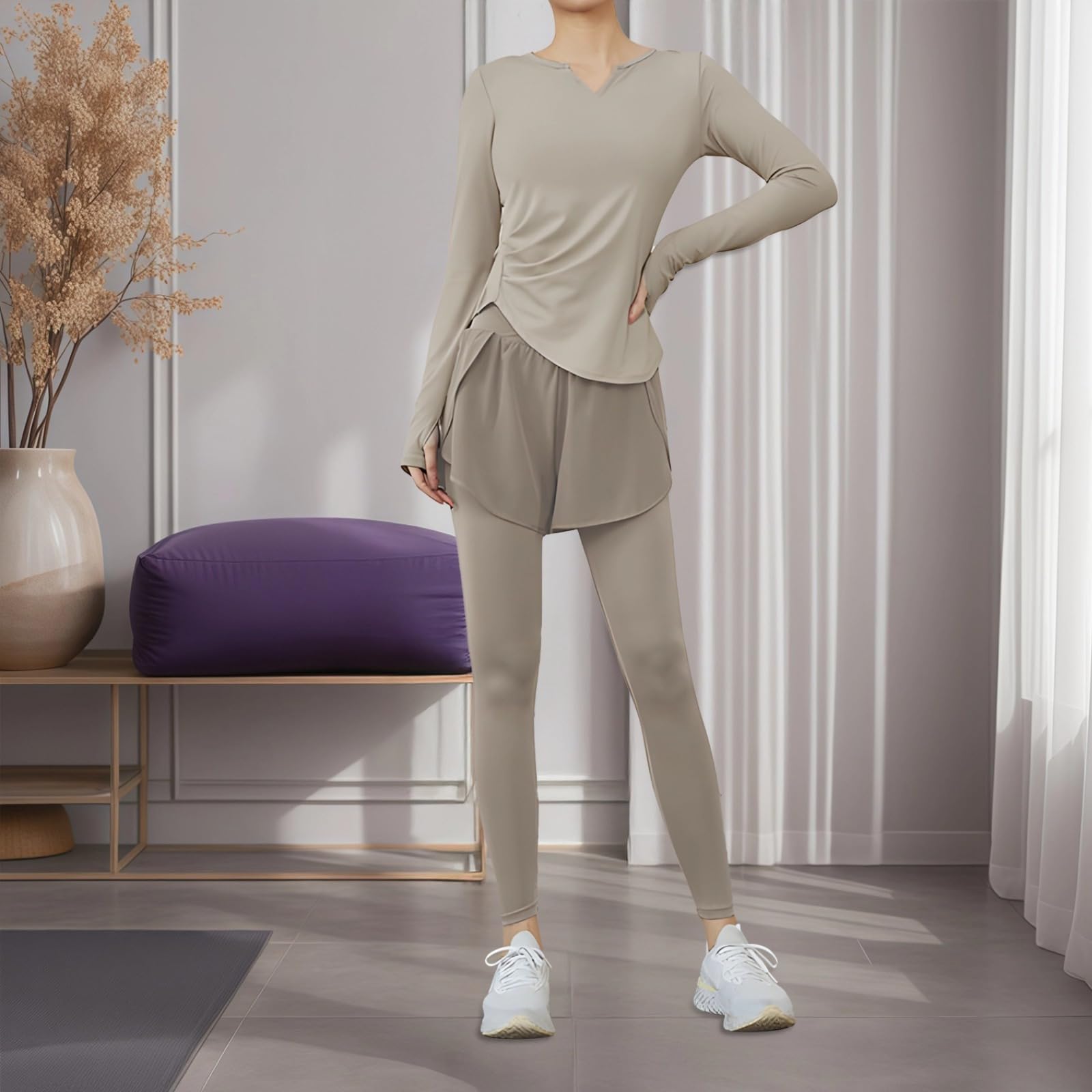 Ensemble 2 pièces Pilates noir pour femme, vêtements de sport XXL pour 135-150, haut à manches longues, short ou leggings, kaki, taille unique