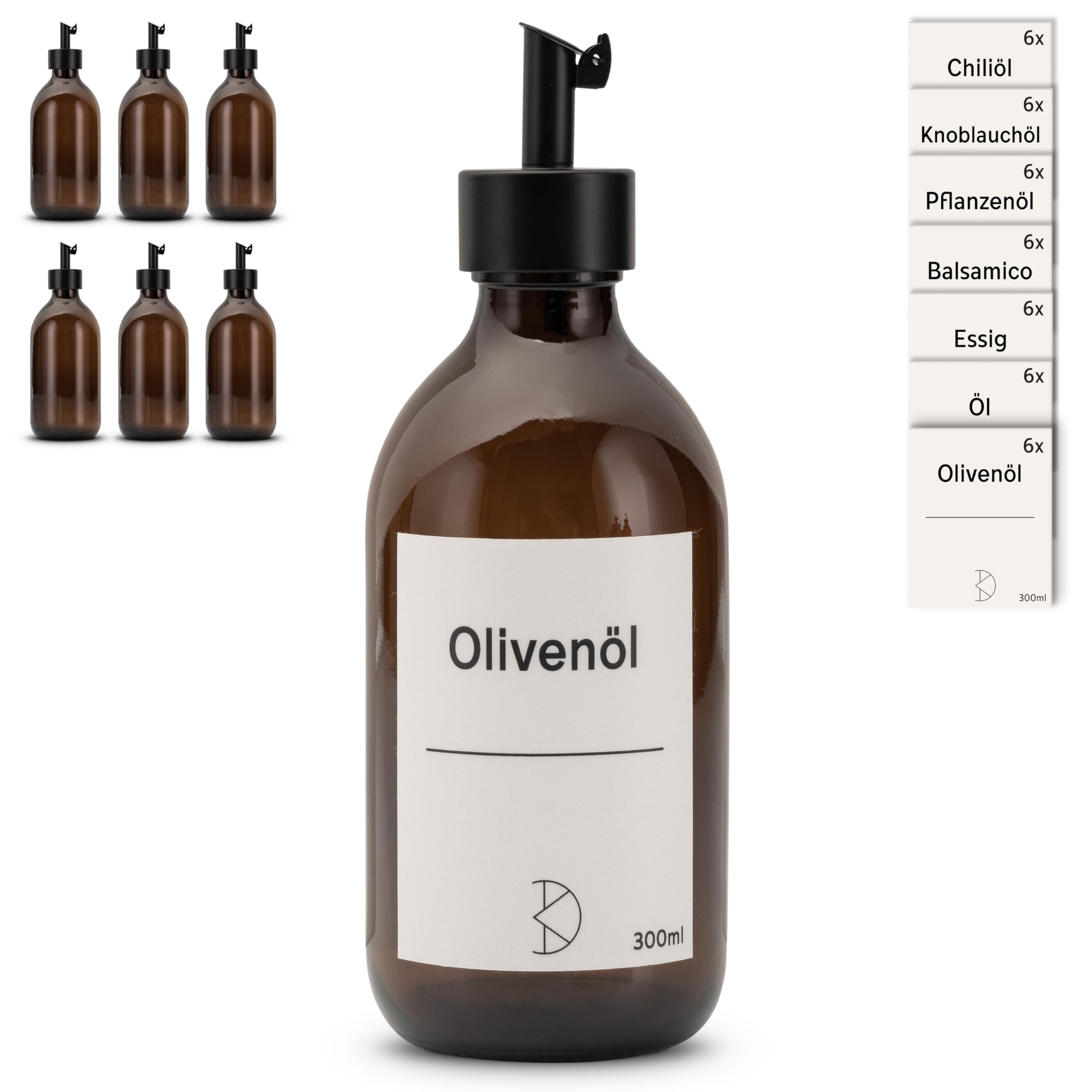 6 botellas de aceite para rellenar, dispensador de aceite moderno de cristal ámbar con boquilla de acero inoxidable, dispensador de aceite, vinagre y balsámico, diferentes pegatinas, 300
