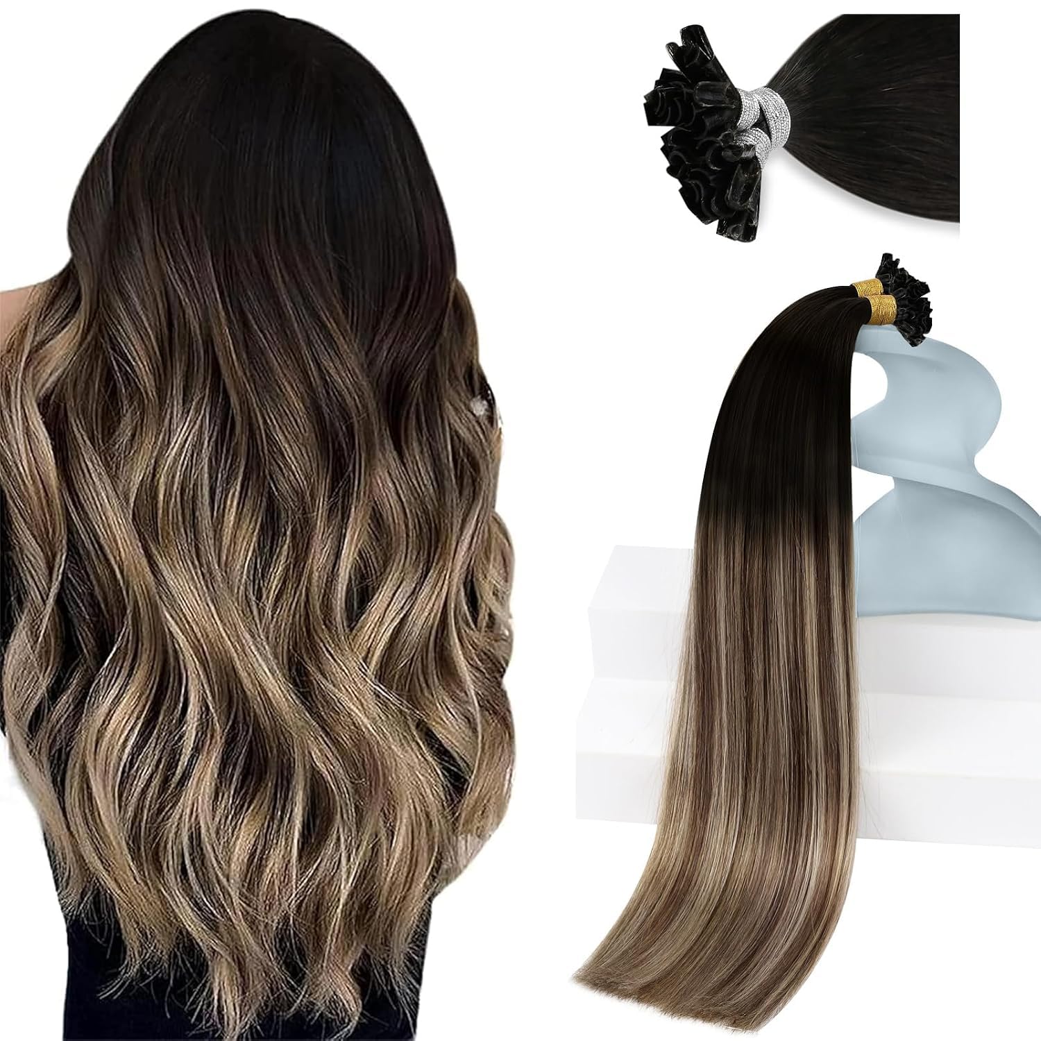 Sunny U/Nail Tip Przedłużanie Włosów Keratyna Natural Black #1B do Ciemnego Brązu #4 z Blond Ciemny Popiół #18 Przedłużanie Keratyna Włosy 18Cal/45cm 50g