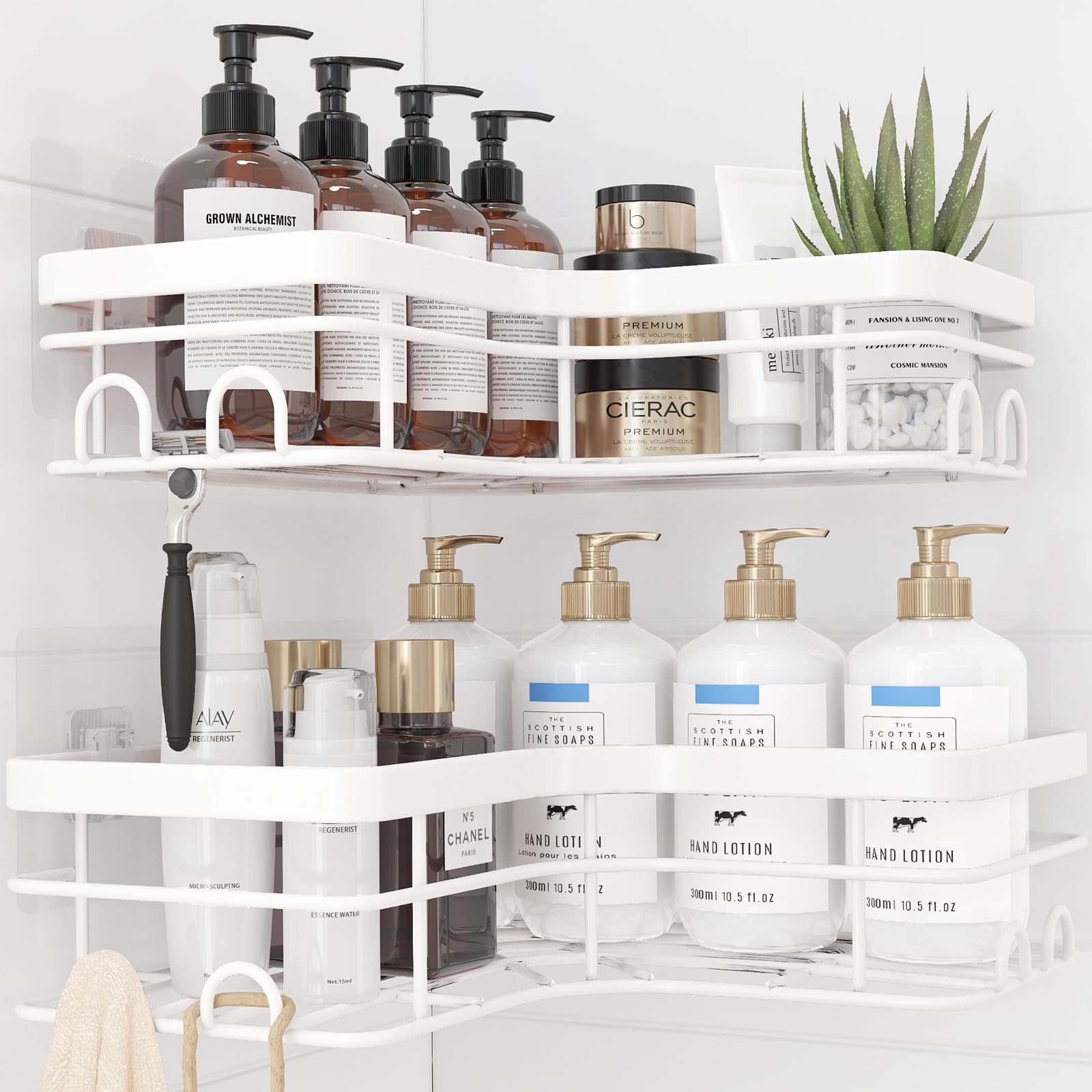 Corner Shower Caddy - 2 Pack, Adhesive Shower Organizers, Rustproof Stainless Steel Shower Shelves with 8 Hooks, No Drilling Bathroom Organizers and Storage Racks, Space-Saving, White, Large
