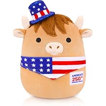 250th Anniversary Highland Cow Stuffed Animal, Patriotic Stuffed Cow with Red White and Blue Scarf, July 4th Decorations, America 250 Merchandise Gifts for Kids, Boys, Girls