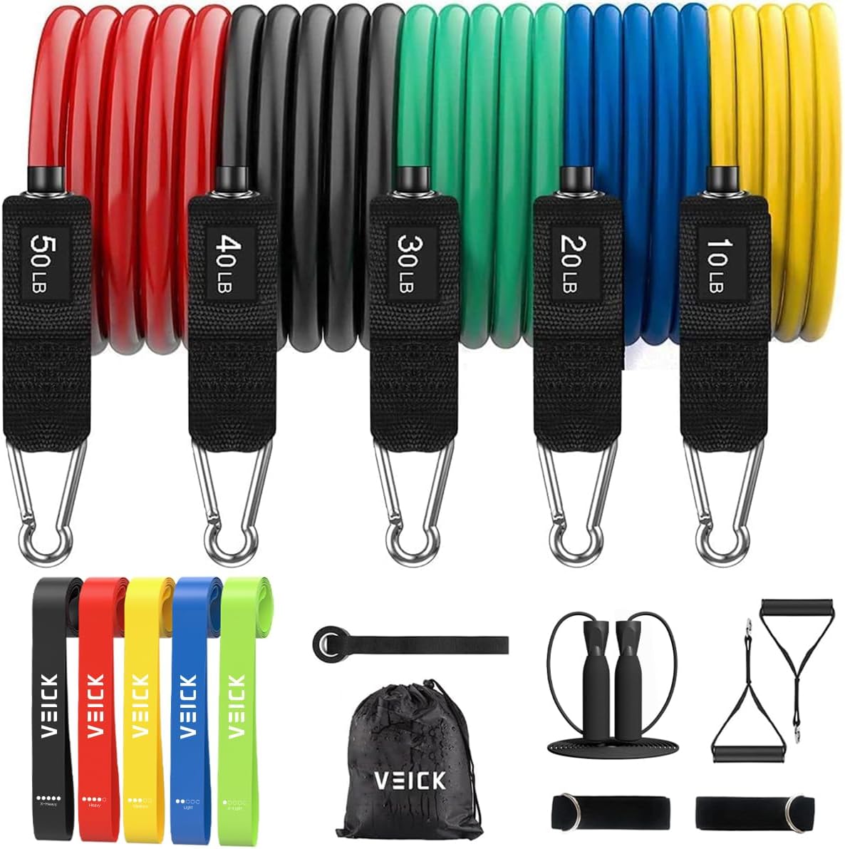 VEICK Resistance Bands, Exercise Bands, Workout Bands, Resistance Bands for Working Out with Handles for Men and Women, Exercising bands for Fitness Weights Work out at Home 10-150LB Set + 5 exercise bands + Skipping Rope(17)