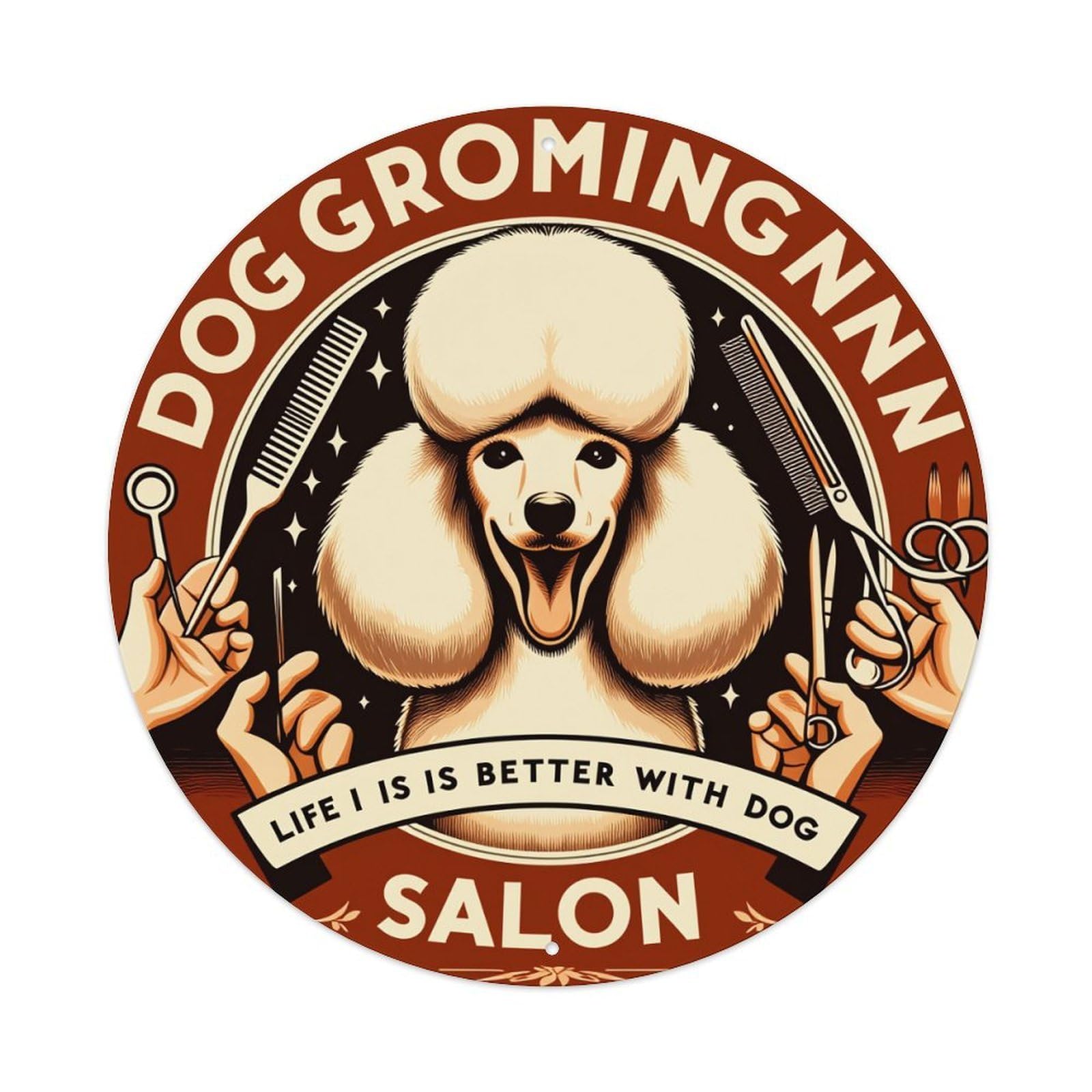 Dog Grooming Salon Poodle Art Round Tin Sign Vintage Metal Poster, Home Bar Garage Man Cave Cafe Indoor & Outdoor Wall Decoration 8x8Inches