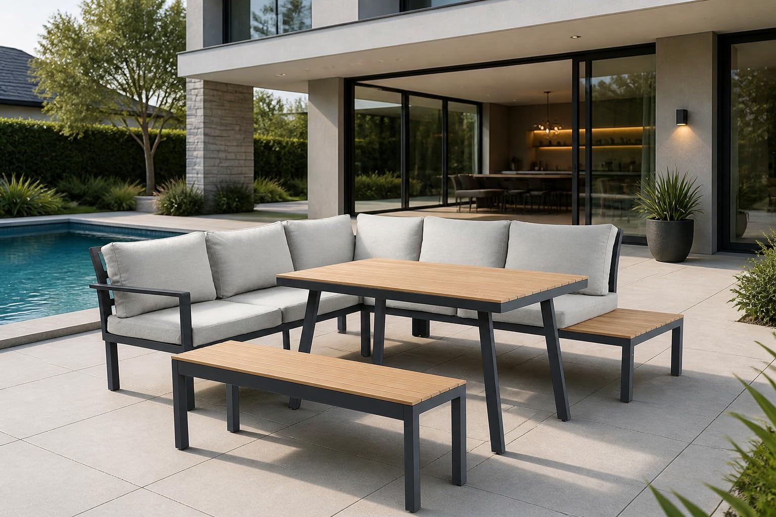 ALEOS. Gartenlounge wetterfest bis 7 Personen Lounge Aluminium Teakholz mit Bank OUTDOOR Polster Kissen Olefin BRASILIA Loungeecke Loungegarnitur Sitzgruppe Sofagarnitur Esstischlounge anthrazit beige