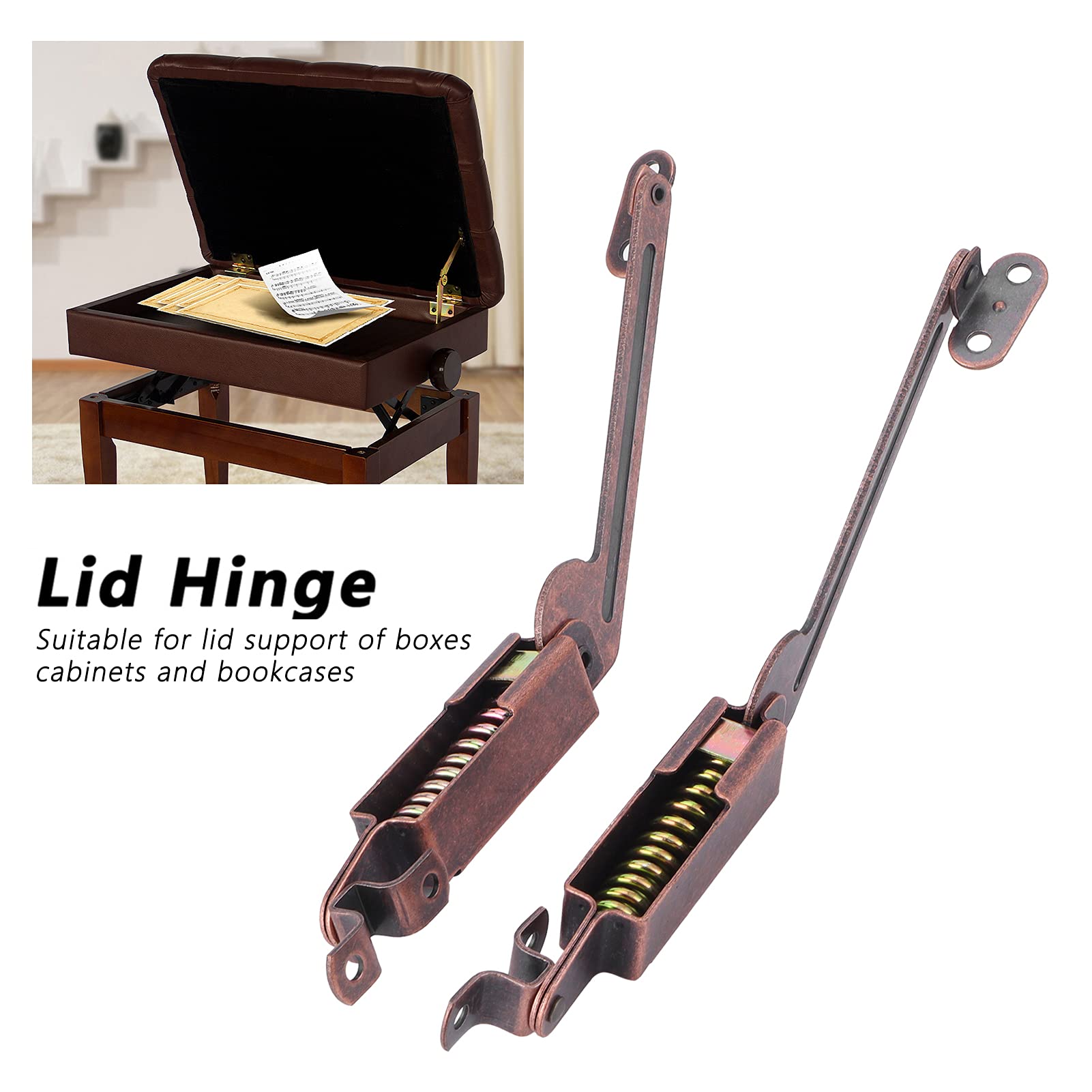 Spring Lid Support Lid, Lid Hinge Iron Safety Cabinet Box Lid Spring Support Hardware for Home Office Workshop (Long arm)