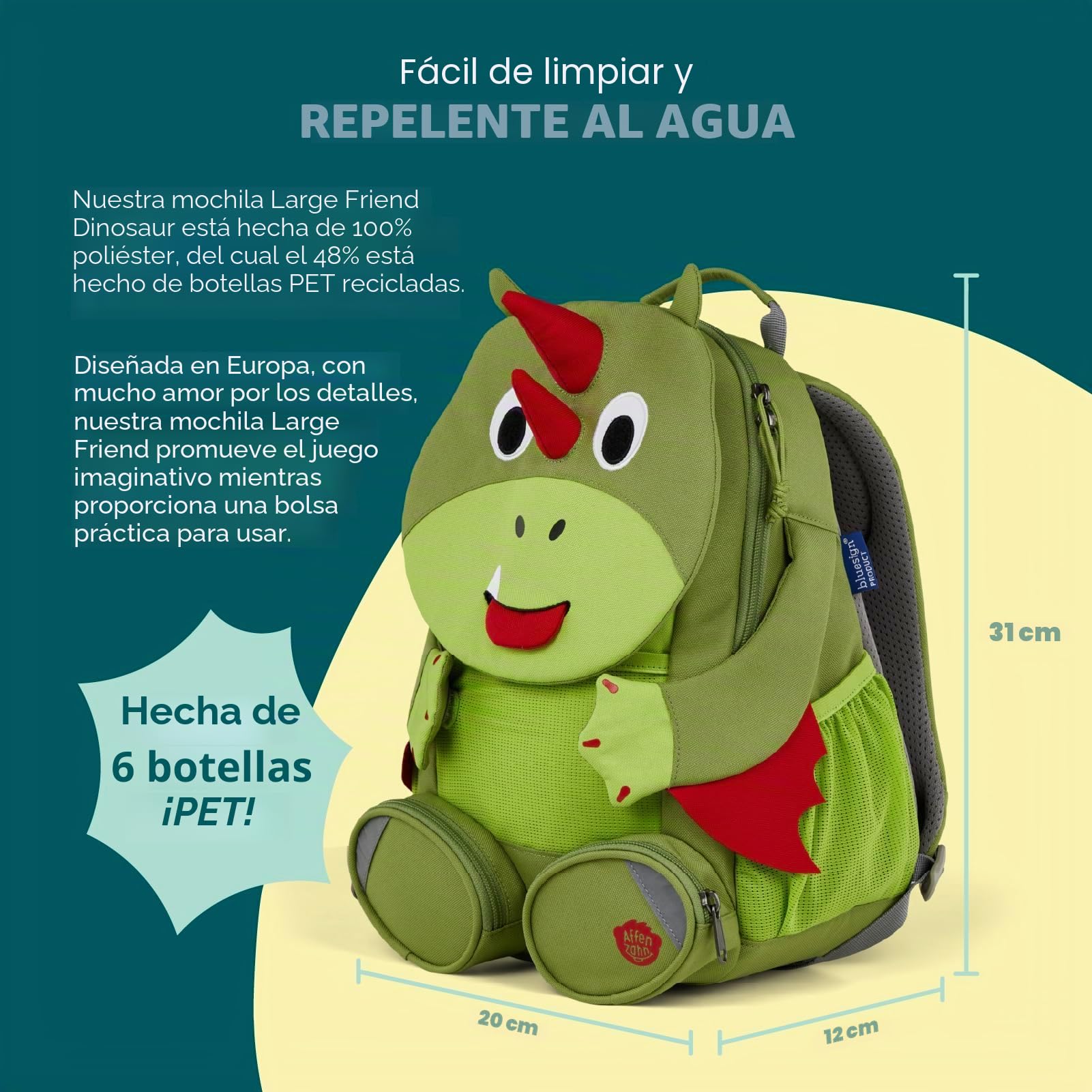 Affenzahn Amigo grande mochila infantil sostenible 3-5 años guardería 8L funcional y divertida Dragón - Verde