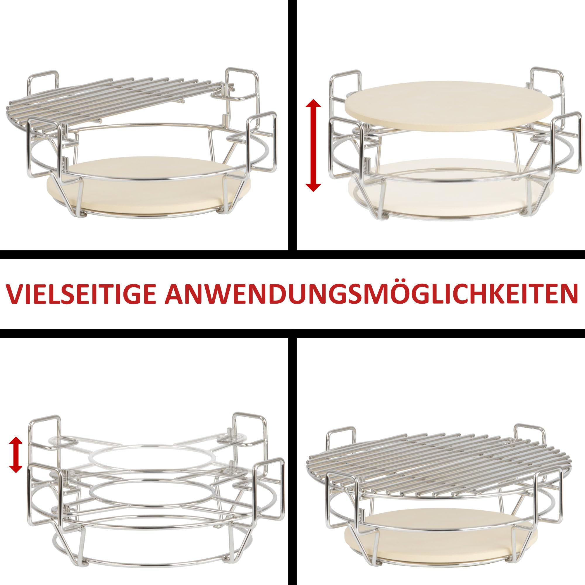 BBQ-Toro Elastyczny system gotowania do grilla Kamado, Ø 39 cm, nakładka do grilla ze stali nierdzewnej, 3 poziomy z rusztem do grillowania i kamieniem do pizzy | akcesoria Kamado, akcesoria do grilla