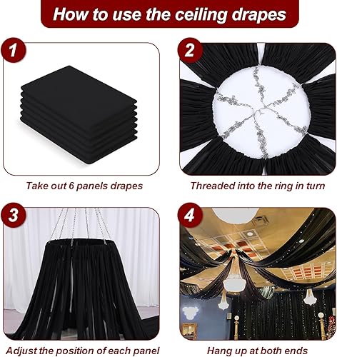 Miniatura 5 de Cortinas de techo negras para arco de boda, cortinas de gasa para boda, 6 paneles, 5 x 30 pies, decoración de cortina con bolsillo para barra