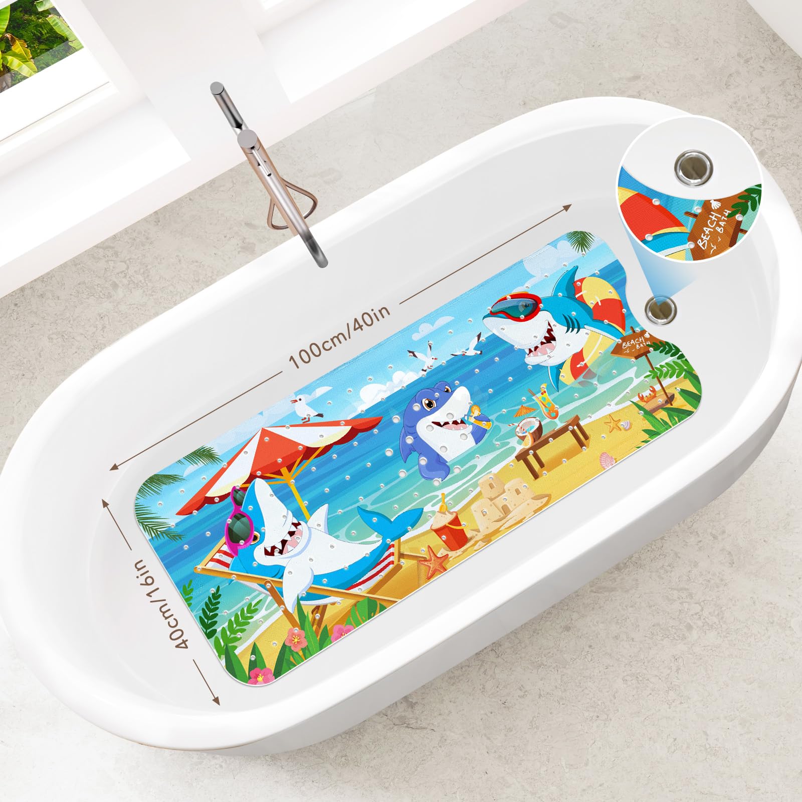 SHUCHING Tapis de Bain Antidérapant pour Enfants, Tapis Antidérapant Baignoire Bebe 100 X 40 cm, Tapis de Douche, 100% sans BPA et Lavable en Machine (Requin)