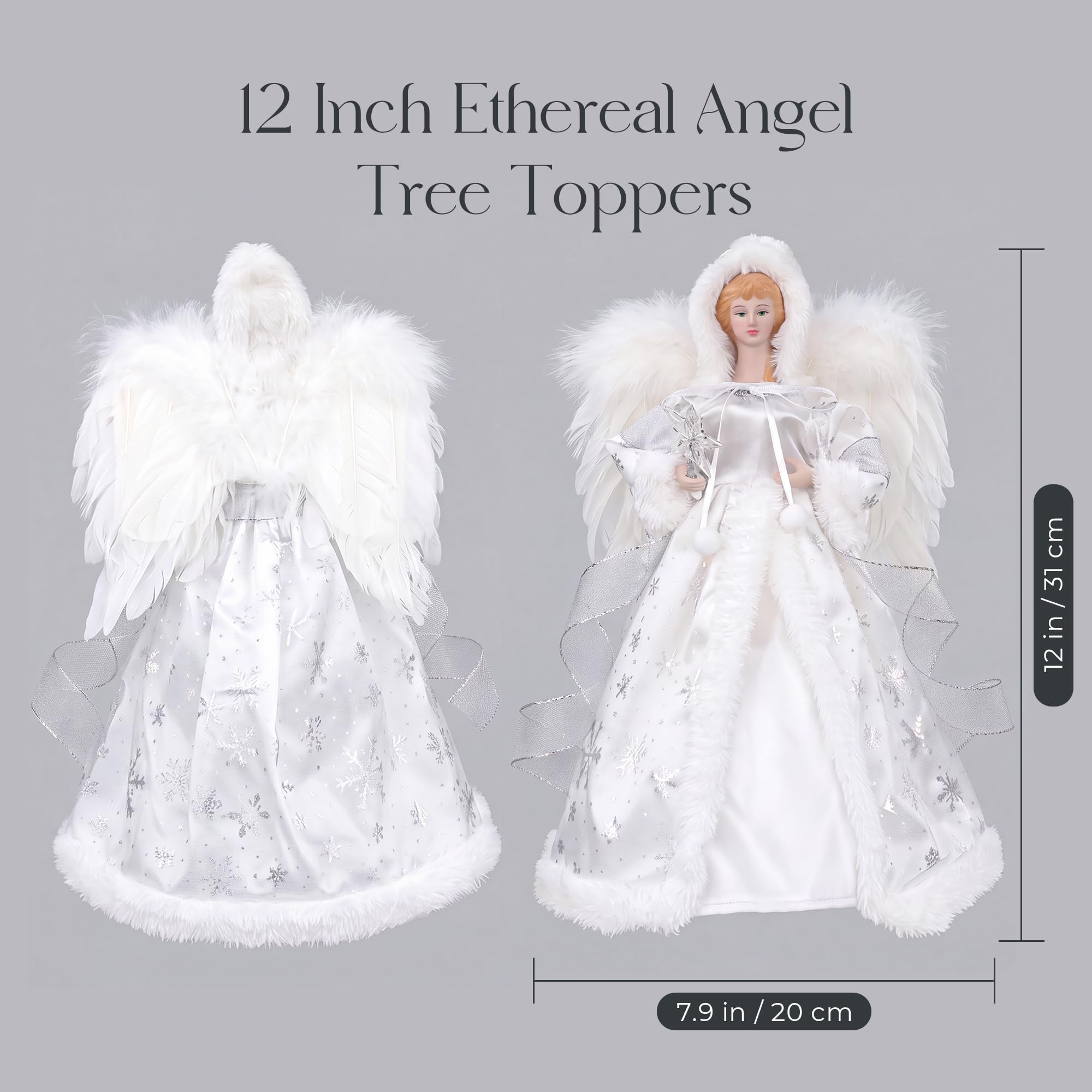 PAPER FAIR Puntale per albero di Natale illuminato, 30,5 cm, argento e bianco, con ali di piume, per decorazioni per la casa vacanze, decorazioni per albero di Natale e centrotavola per feste