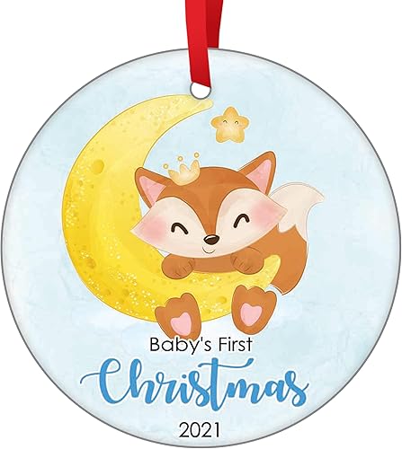 Adornos de Navidad 2021 impresos a dos lados, zorros con luna, adorno de cerámica para la primera Navidad del bebé, adorno de árbol de Navidad,