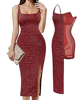 Popilush Shapewear Midi Dress Women's Sparkly Formal Wedding Guest Cocktail Dresses Fall Square Neck Ruched Dress Side Slit