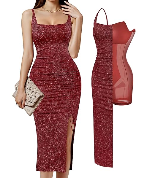 Popilush Shapewear Midi Dress Women's Sparkly Formal Wedding Guest Cocktail Dresses Fall Square Neck Ruched Dress Side Slit