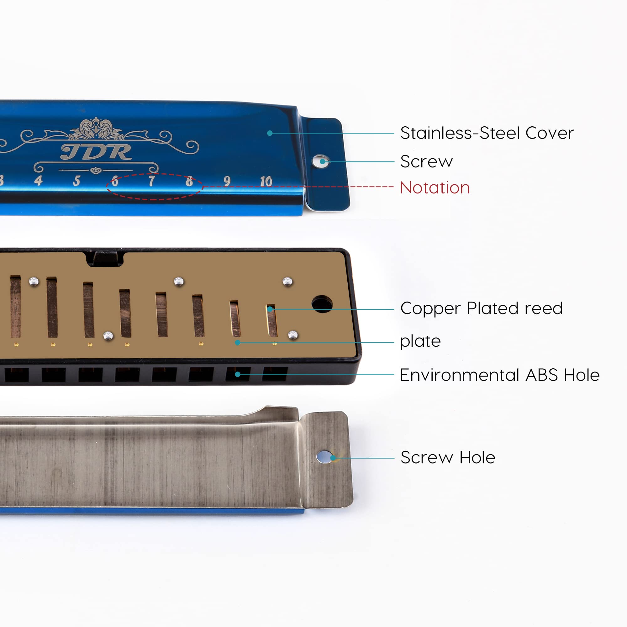 JDR Harmonica Blues C Key 10 Hole 20 Tone Mouth Organ with Case Diatonic Armonica for Kids Professional Player Beginner Students Adults Friends Teacher Parents Stainless Steel Black (Blue) - Image 4