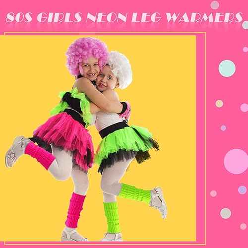 Miniatura 5 de Loopeer 2 pares de calentadores de piernas neón de los años 80 para niñas y niños pequeños, calcetines de pierna acanalada para fiesta de los años