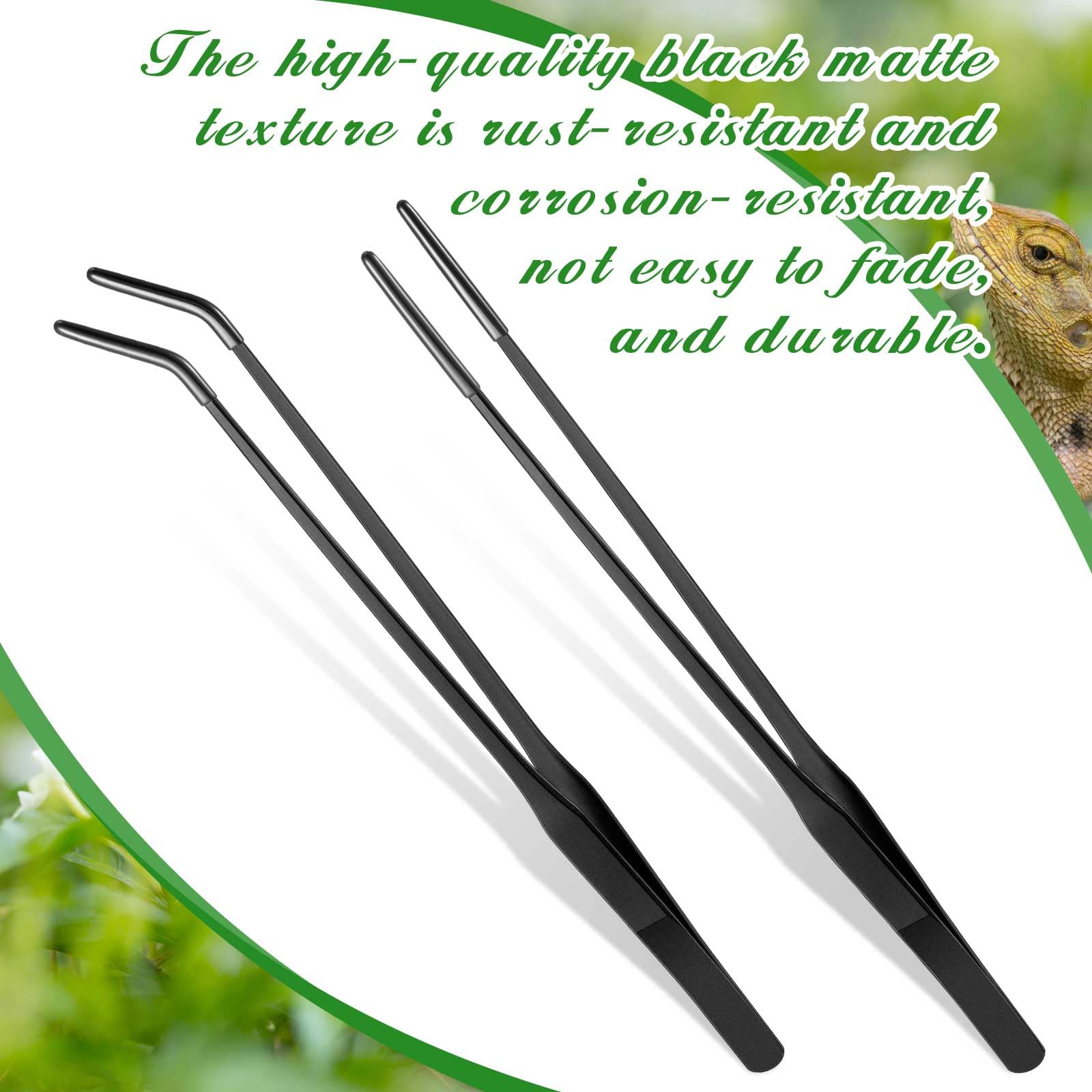 Lasnten 2 pinzas de alimentación de reptiles de acero inoxidable con punta de goma, pinzas de acuario, pinzas largas rectas y curvadas, herramienta de terrario, herramienta de alimentación de mango