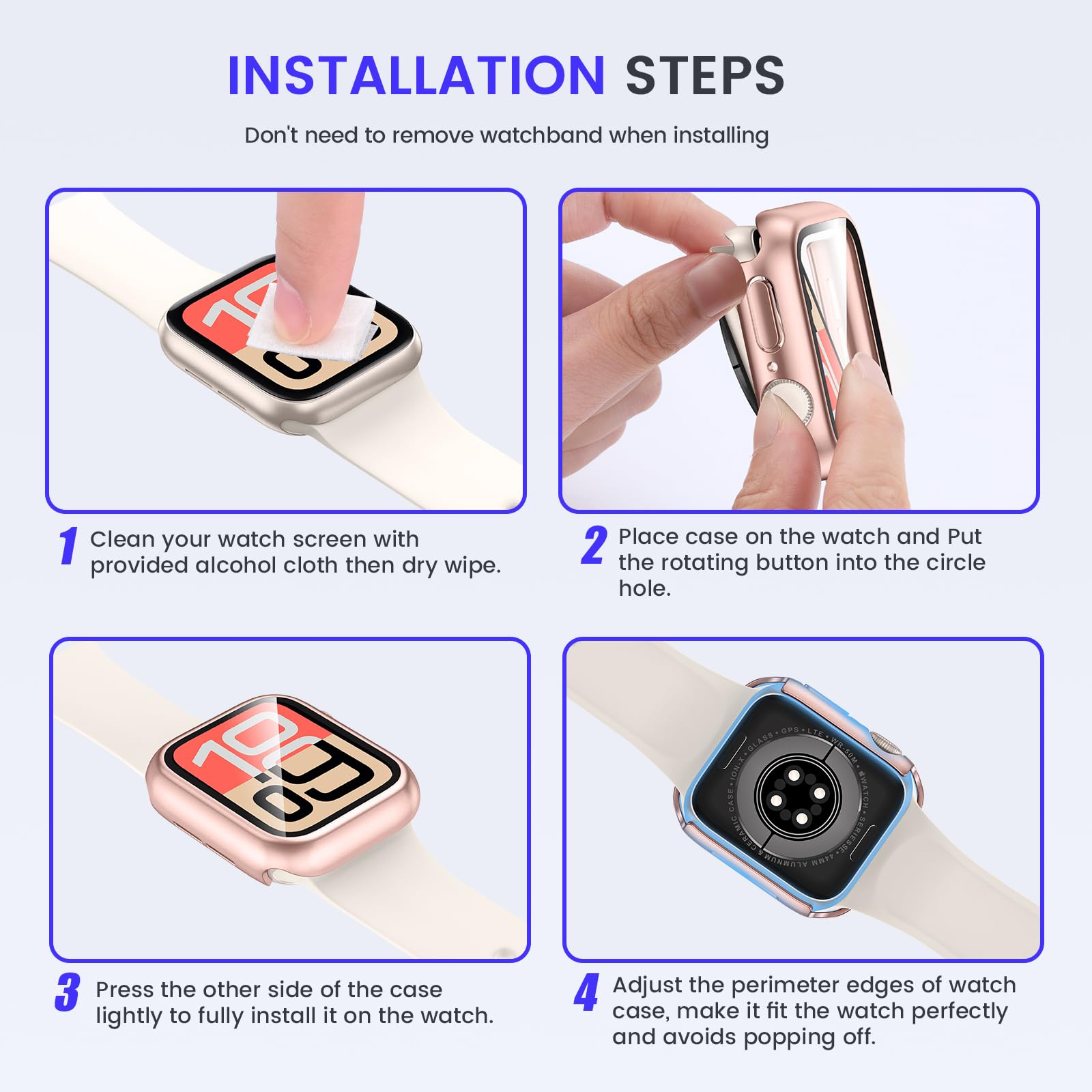 Kamita Wodoodporne etui do Apple Watch Series SE 3/SE 2/SE/6/5/4 44mm, twarde etui PC Bumper z wbudowaną folią ochronną ekranu ze szkła hartowanego, pełne pokrycie ochronne do iWatch 44 (różowe złoto)