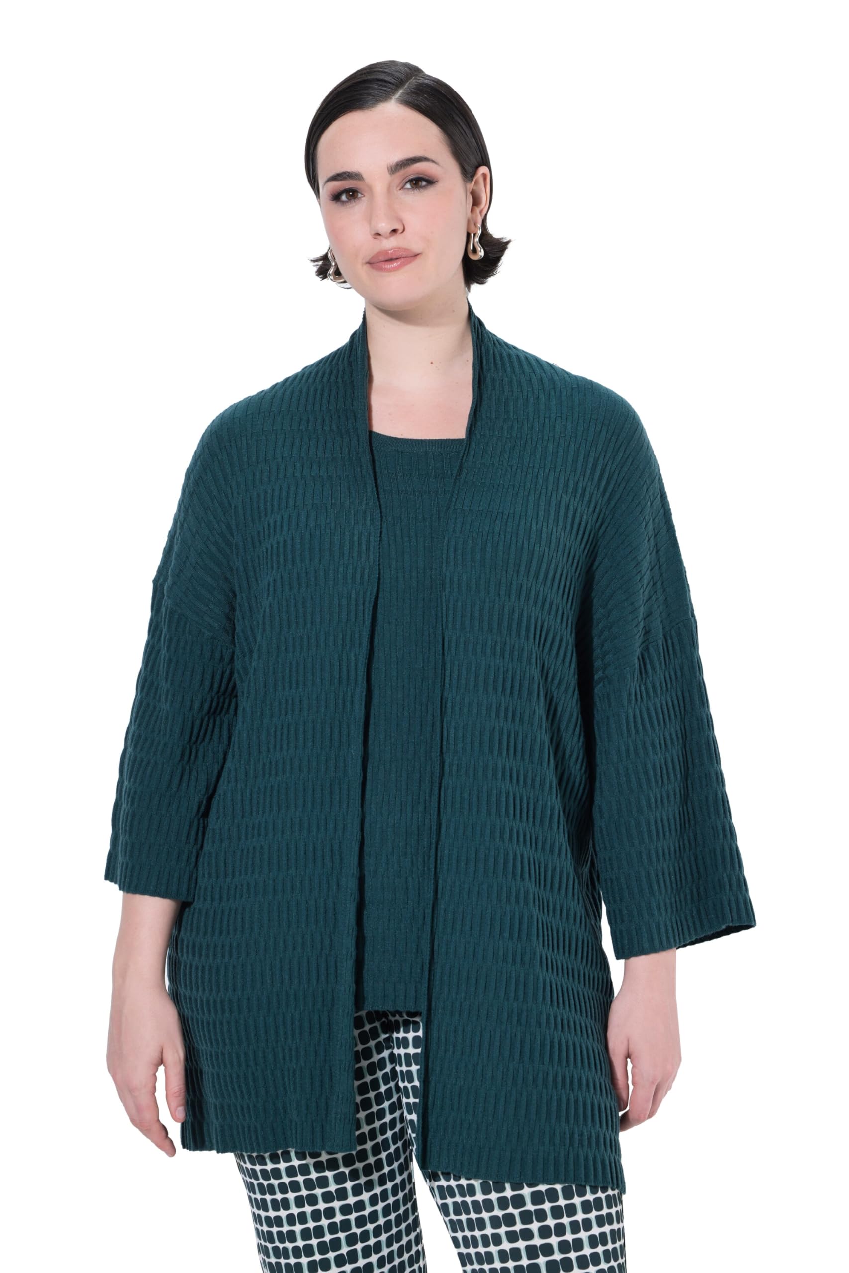 Ulla Popken Damen große Größen Übergrößen Plus Size Strickjacke, Strukturstrick, Oversized, V-Ausschnitt, 3/4-Arm 841780