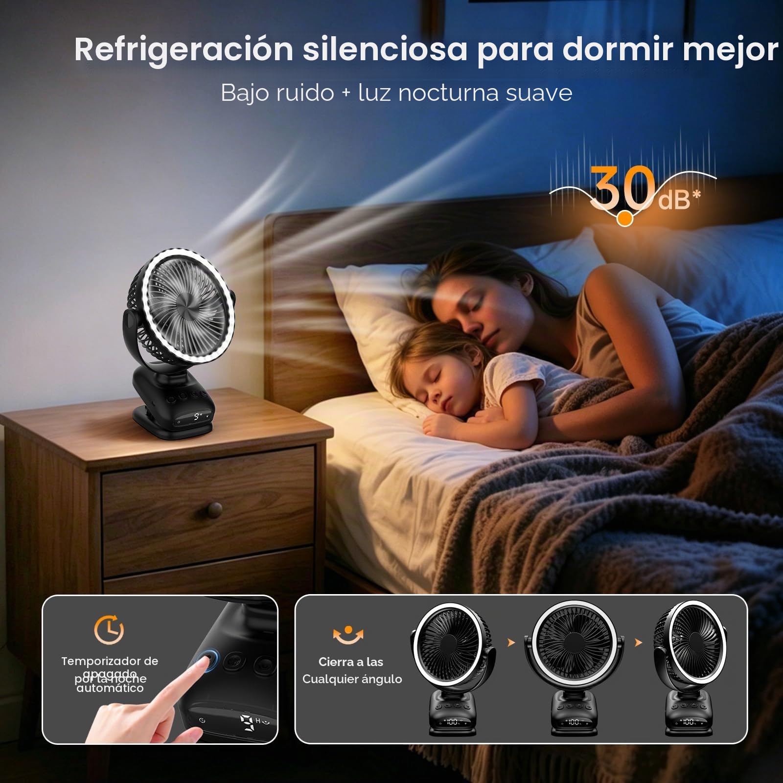 WUQNGI Mini Ventilador Portatil, 10000mAh USB Ventilador Silencioso, Pequeños Ventilador de Mesa con Pinza y Temporizador, Oscilación Automática, Luces LED para Coche Carro Bebe Autocaravana Camping