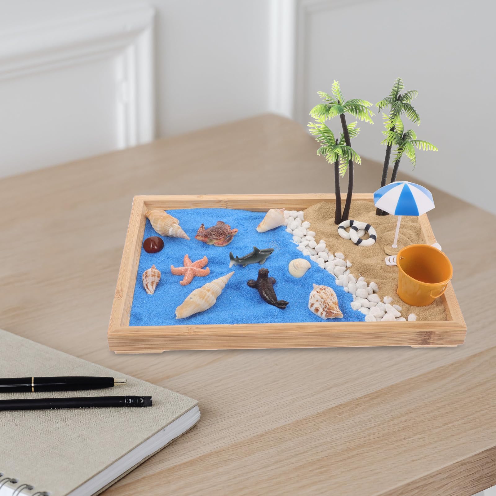 Mini Jardín Zen de Arena Japonés para Escritorio 28x19x2.5 Cm, Caja de Arena Decorativa Tema de Playa Oceánica, Micropaisaje Creativo para Decoración del Hogar y Oficina