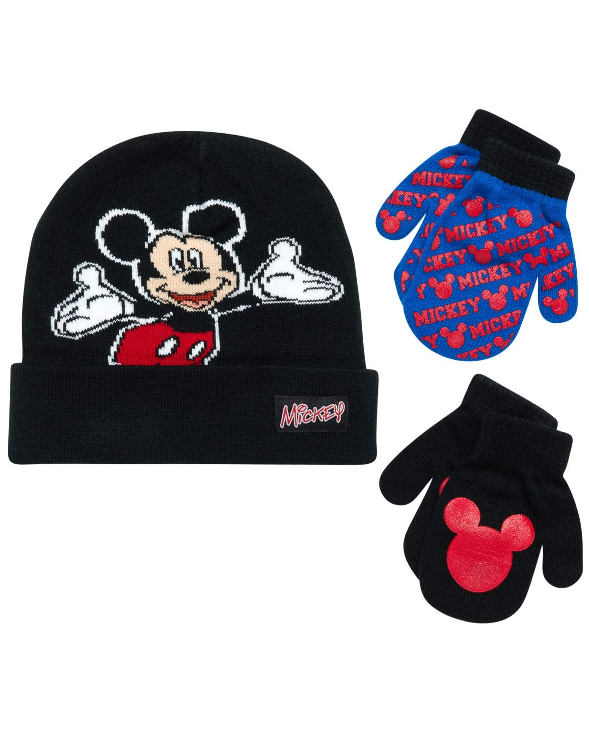 Disney Boys Mickey Mouse Winter Hat and 2 Pair Mitten or Gloves Set (Age 2-7)