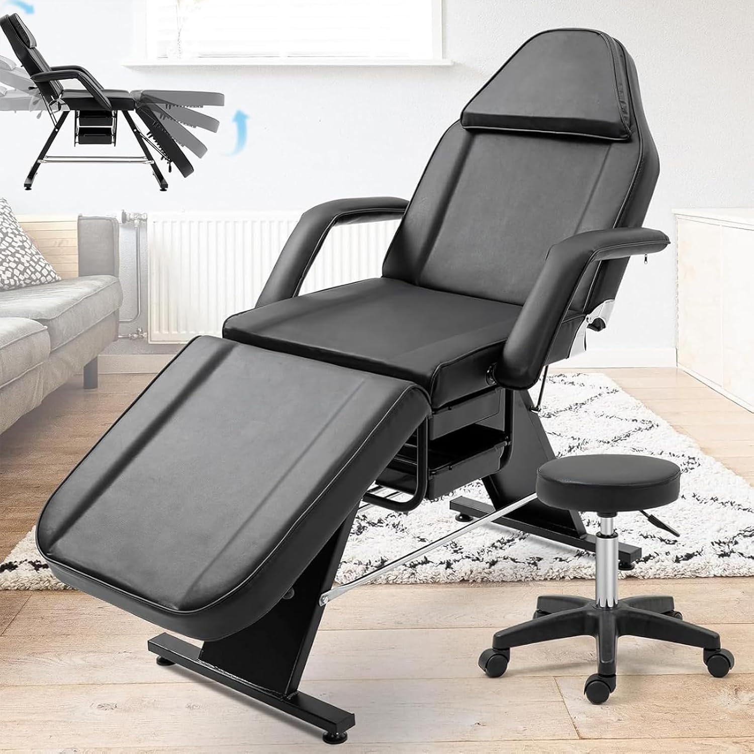 LIODUX Professional Massage Table, 3-Stage Beauty Salon Spa Table, Esthetician Facial Chair Bed, Adjustable Bottom Shelf Storage, Swivel Chair for Eyelash Facial Extensions Salon Equipment (Black)