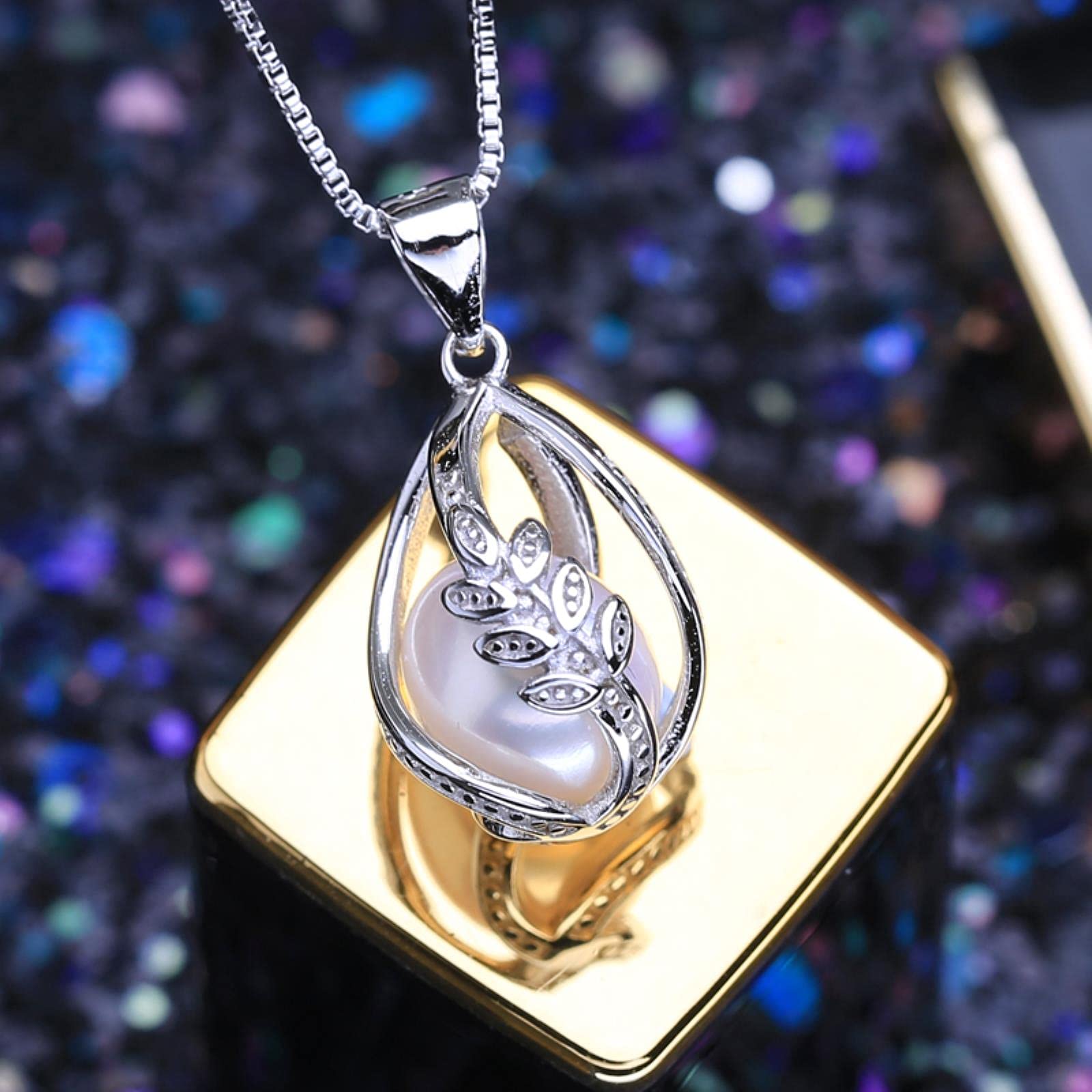 LOKILOKI Conjunto De Plata De Ley 925, Conjuntos De Joyas De Perlas De Agua Dulce para Mujer, Pendientes De Jaula, Conjunto De Collar, Anillo De Ajuste Vintage Hueco