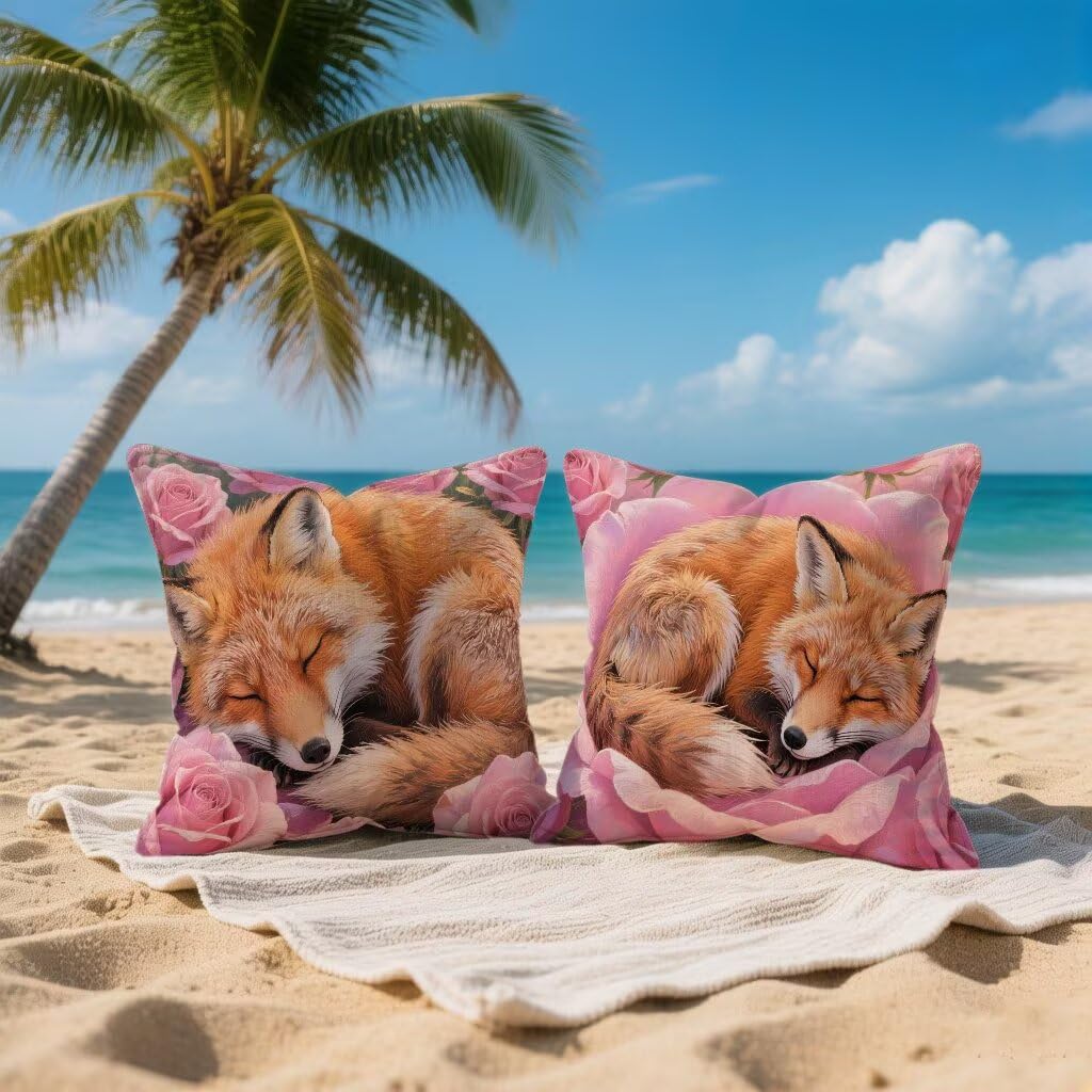 Kissenbezug 65 x 65 2er Set Sofakissen Orange Farbe Kopfkissenbezug 65x65 cm Dekokissen Fuchs Outdoor Pillow Leinen Doppelseitiger HD-Druck, Terrassen Deko Wohnzimmer, Frühling und Sommer 6-I966GY