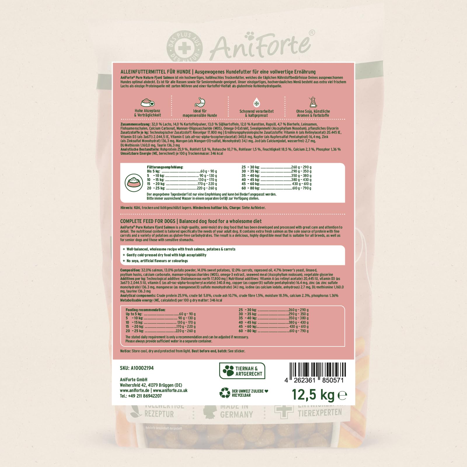 AniForte Lachs Trockenfutter für Hunde 12,5kg – Frischer Lachs mit Kartoffeln & Vitaminen, Halbfeuchtes Trockenfutter, Hundefutter trocken getreidefrei & glutenfrei für Allergiker