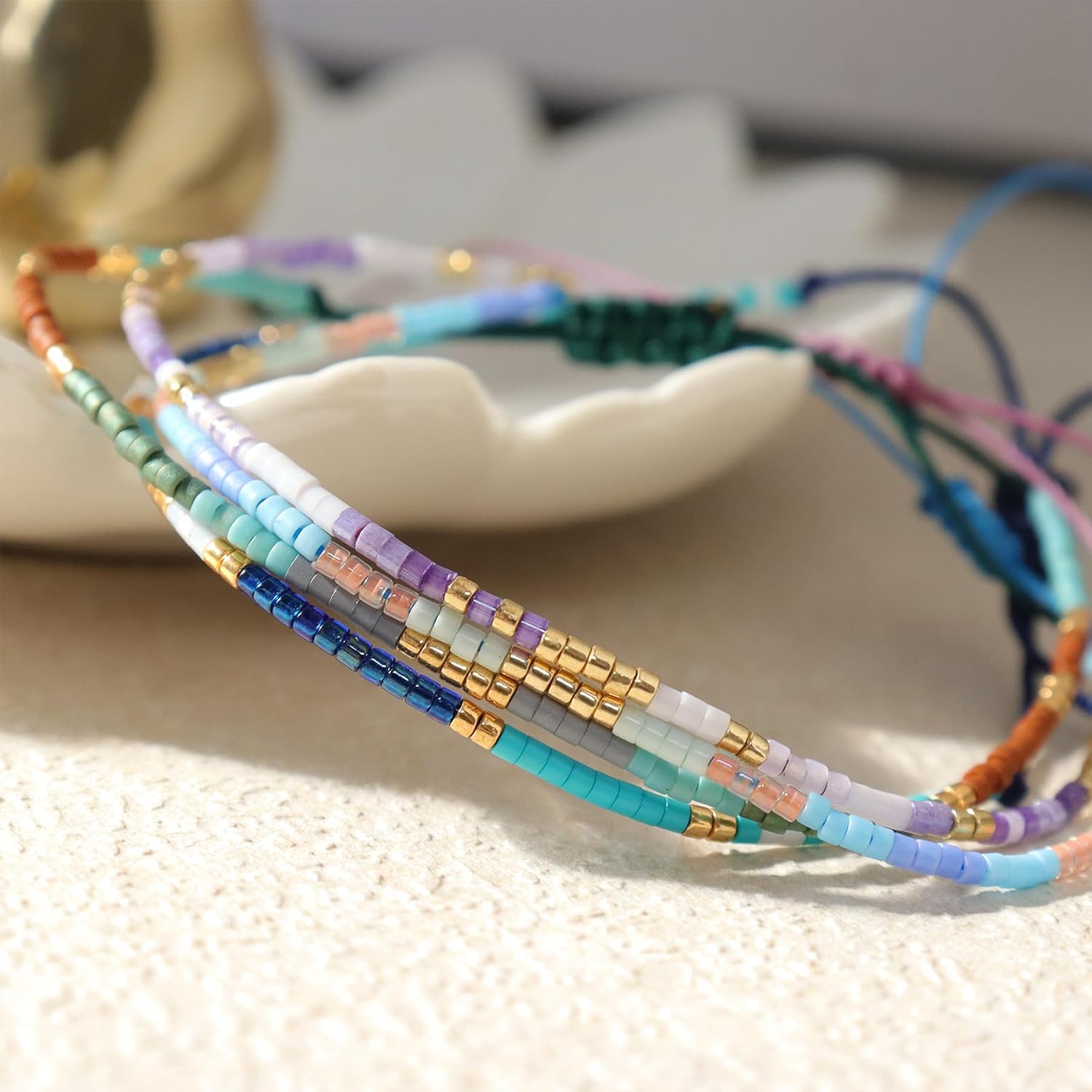 Purple Blue Beaded Stack Bracelets Set for Women, 4Psc Cute Dainty Boho Handmade Adjustable Colorful Beads Stackable Strand Bracelet Prom Jewelry Gift. - Image 4