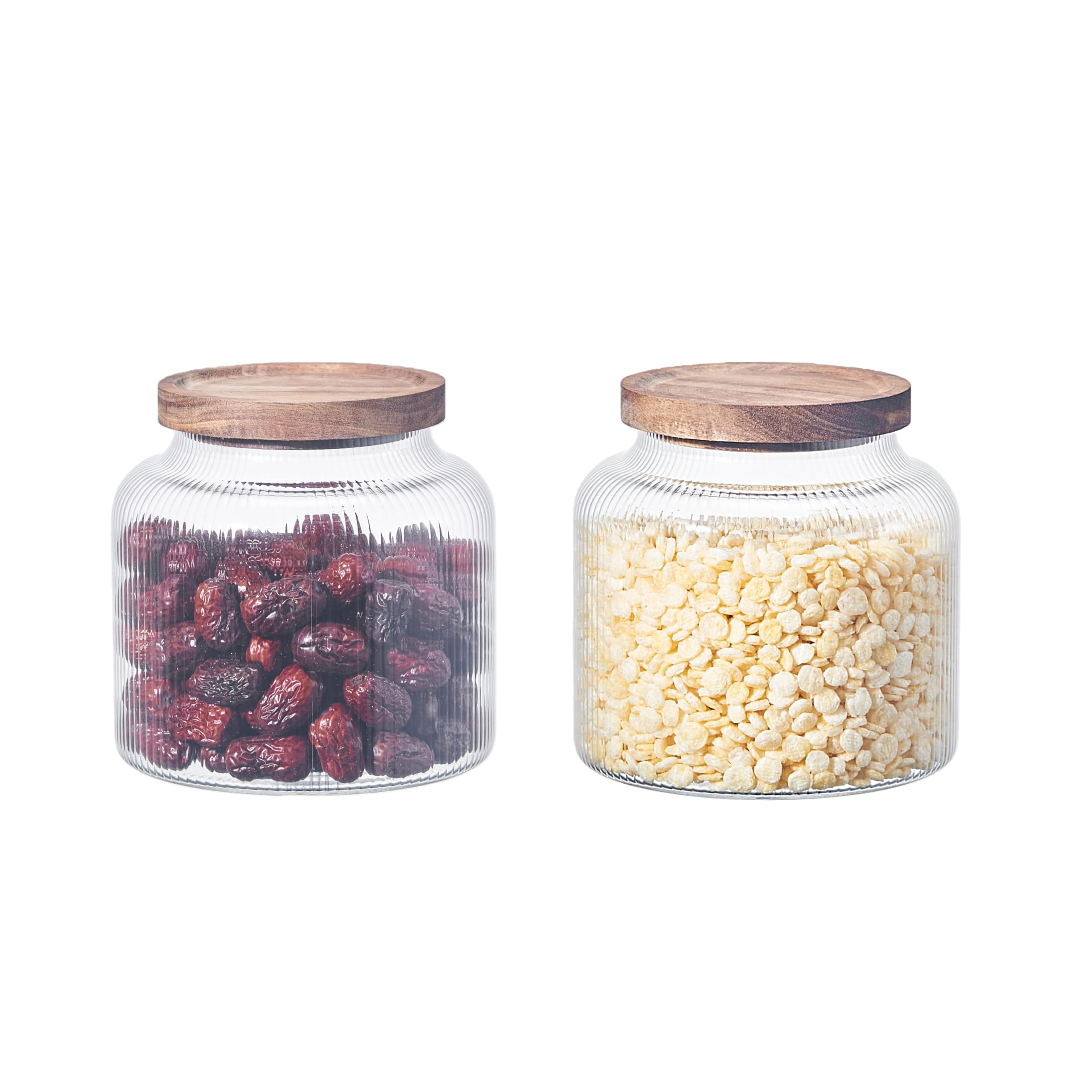 Eden & Willow Transparent Large Ribbed Wide Mouth Glass Storage Jar With Airtight Acacia Wooden Lid – Clear Kitchen Canister For Bulk Storage – Pantry Organisation (2, 2L)
