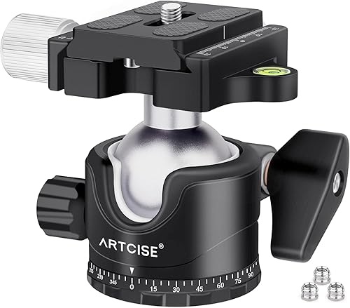 Cabeza de bola de trípode de perfil bajo 1.417 in Estabilidad Panorámica Cabeza de trípode 360 Rotación de metal con placa Arca QR de 1/4 de pulgada