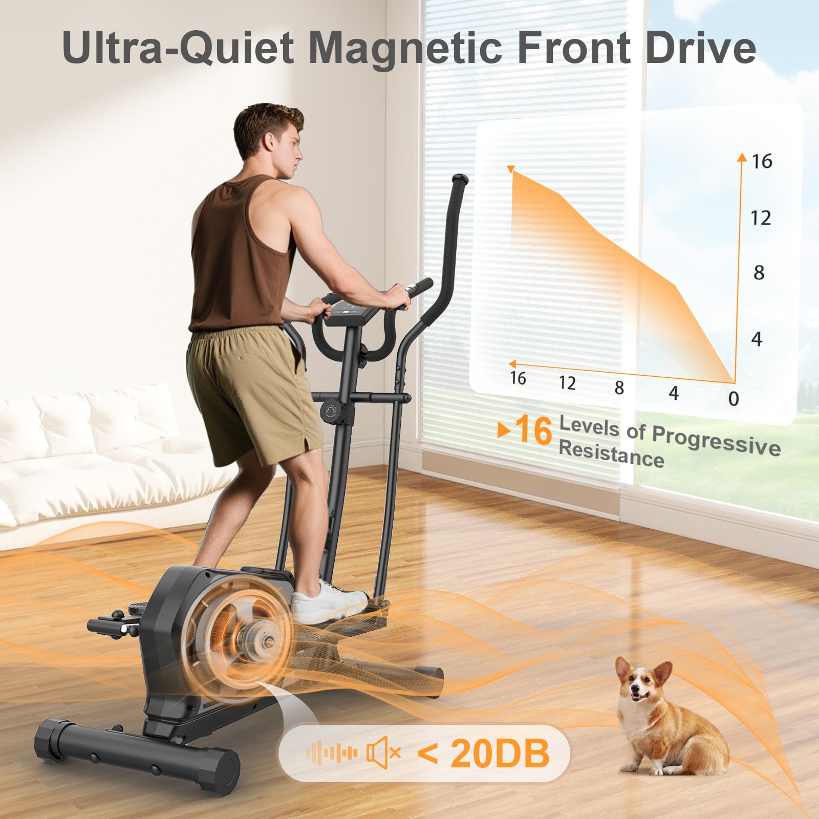 Bicicleta Elíptica con 16 Niveles de Resistencia,Monitor LCD,Sensores de Pulso,Ultra Silenciosa Elíptica para Casa con Pedales Antideslizantes,Portabotellas,Capacidad de Carga de 130KG