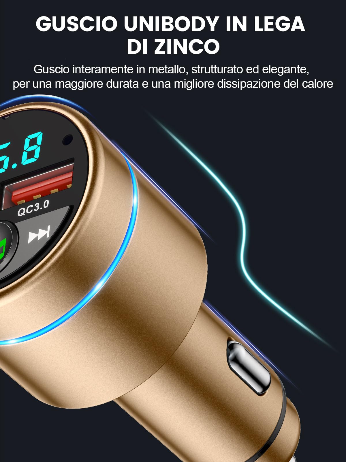 Mohard Trasmettitore FM Bluetooth 5.3 Auto, Ricarica Rapida PD 30W & QC3.0 18W Adattatore Bluetooth Accendisigari per Auto Interamente Metallo, Amplificatori Segnale Cellulari Car Musica Hi-Fi