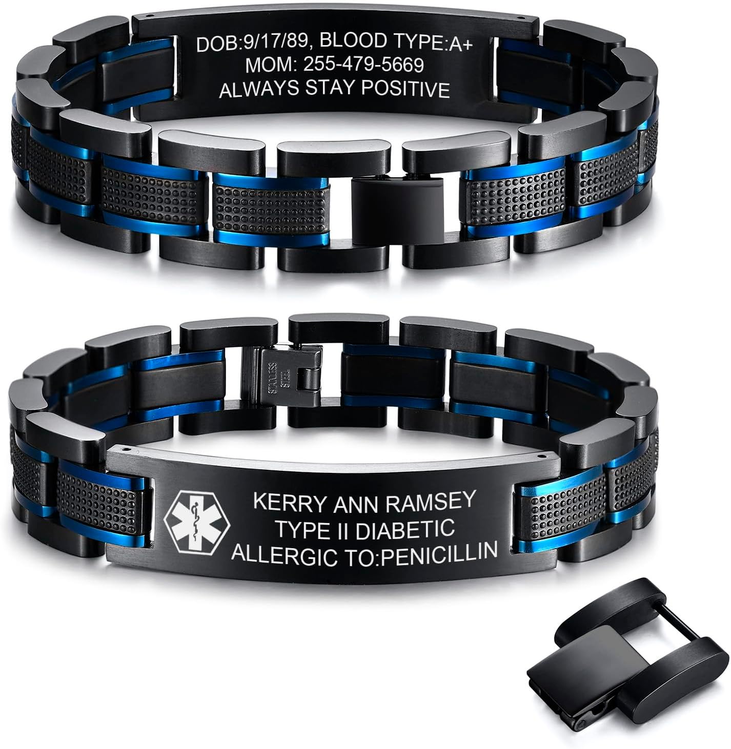 Free Custom Engraving Medical ID Bracelet 2-tone Blue Black Titanium Steel Heavy Masculine Elaborate Men's Medical Alert Bracelet Wristband Jewelry for Dad Customizable & Waterproof