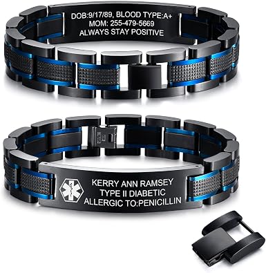 Mens Medical ID Bracelet Stainless Steel Heavy Masculine Medical Alert Bracelet Wristband Jewelry for Dad Customizable & Waterproof