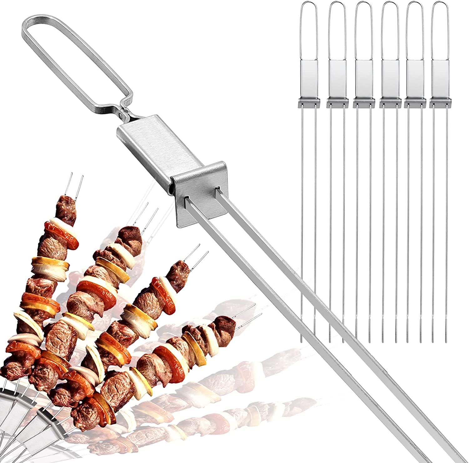 Azonee Skewers for Grilling Double Pronged BBQ Skewers with Push Bar Shish Kebab Skewers Stainless Steel Skewer Sticks for Camping or family Reusable Skewers 6 Pack