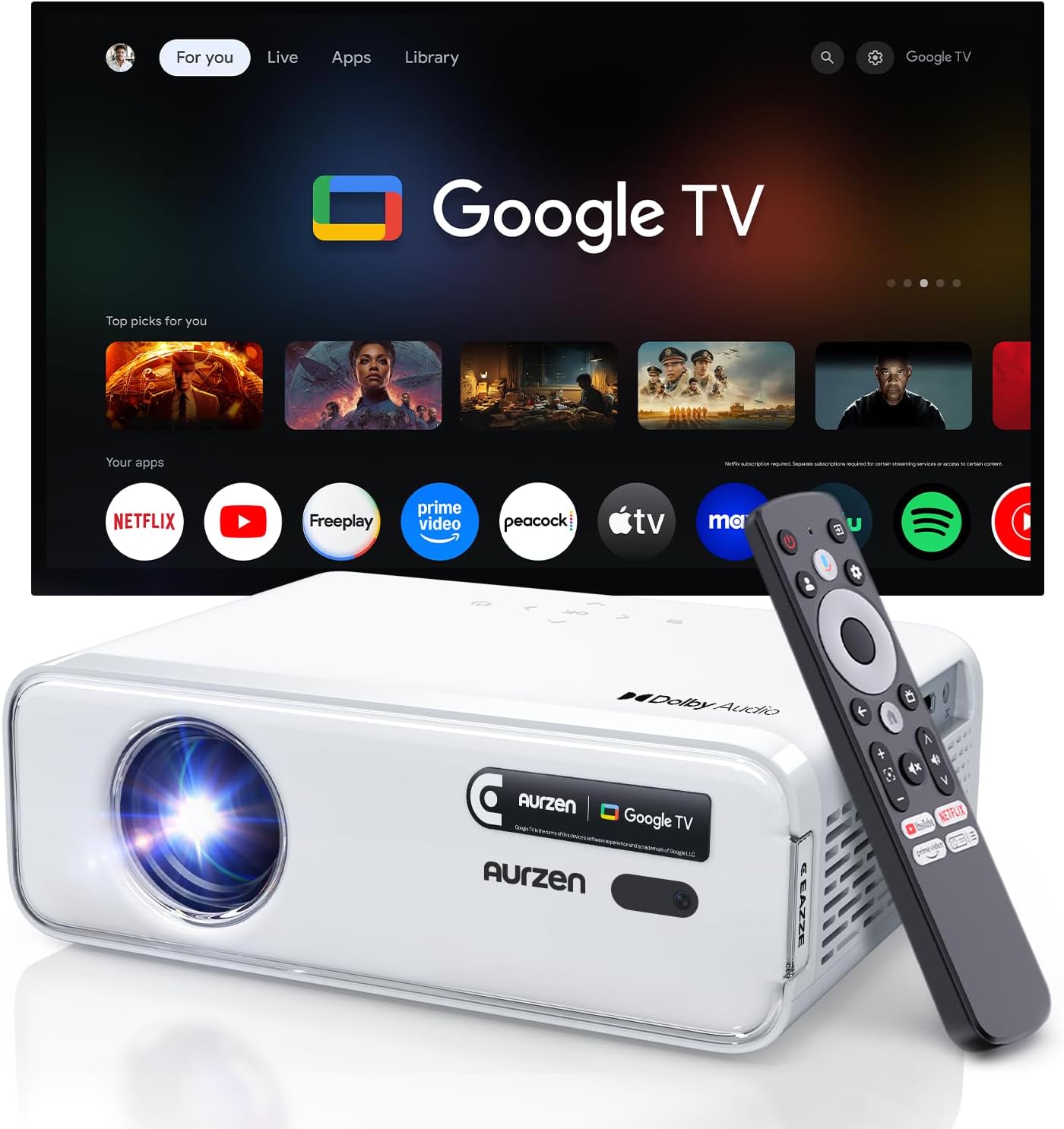 Aurzen EAZZE D1G 4K Supported Google TV Smart Projector with WiFi & Bluetooth, Auto Focus & Keystone, Dolby Audio, Zoom, Movie, Portable Mini Projector for Home & Outdoor Use