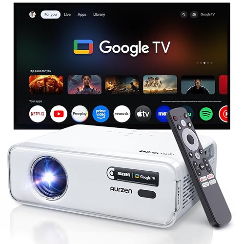 Aurzen Eazze D1G Beamer mit offiziellem Google TV, Smart Beamer 4K unterstützt Full HD 1080P, DoIby Audio, Autofokus & Trapezkorrektur, WiFi Bluetooth Heimkino & Outdoor Projektor, Weiß