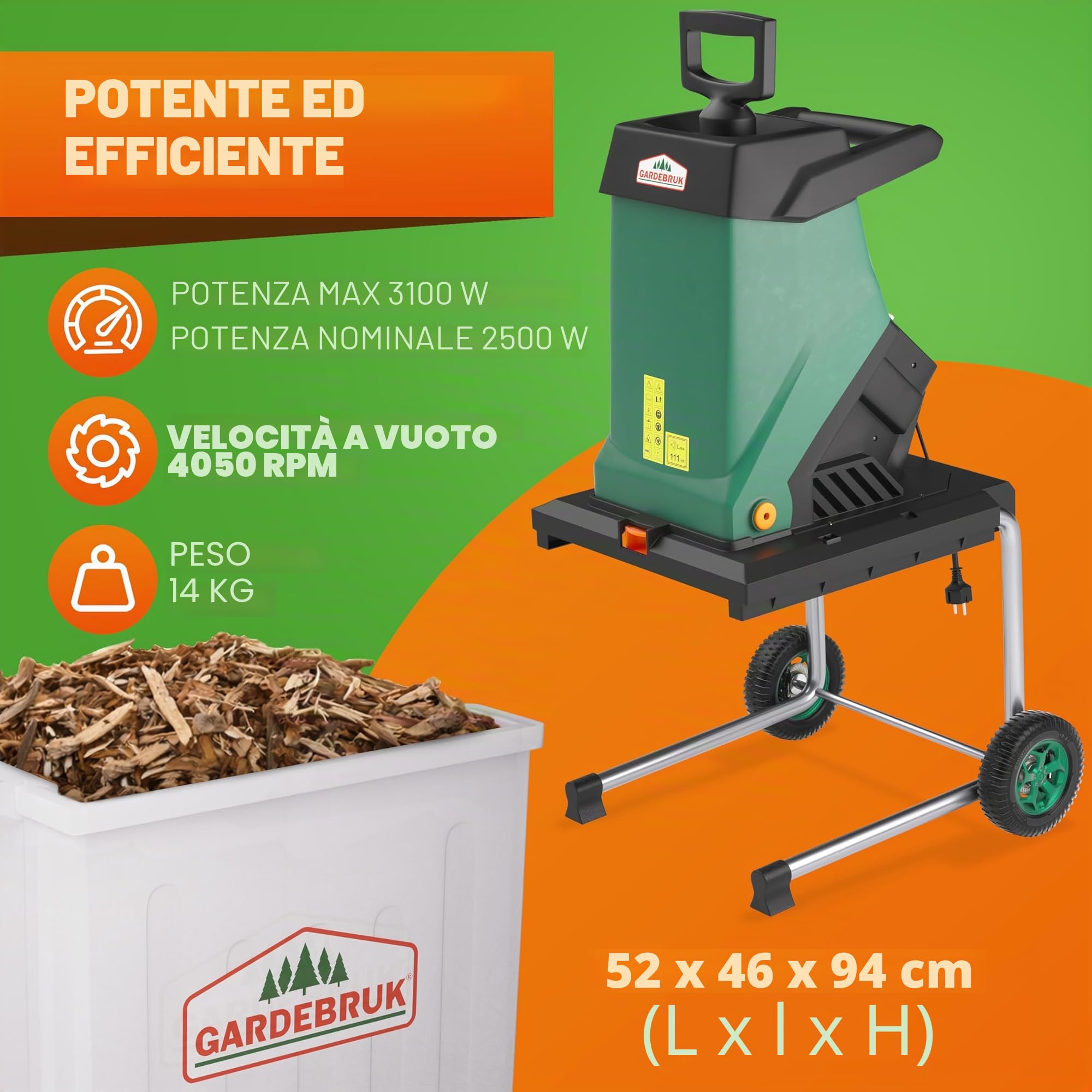 Gardebruk Trituratore da Giardino 3100 W 40 mm Rami Elettrico 50 L Cesta Raccolta Acciaio