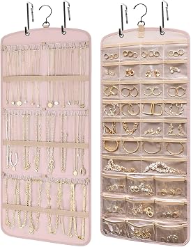 Wome Over the Door Jewelry Organizer Hanging Double-Sided Storage with 28 Small 2 Large 9 Medium Pockets for Earrings Necklaces Rings Durable Polyester for Door or Closet or Wall or Glass pink